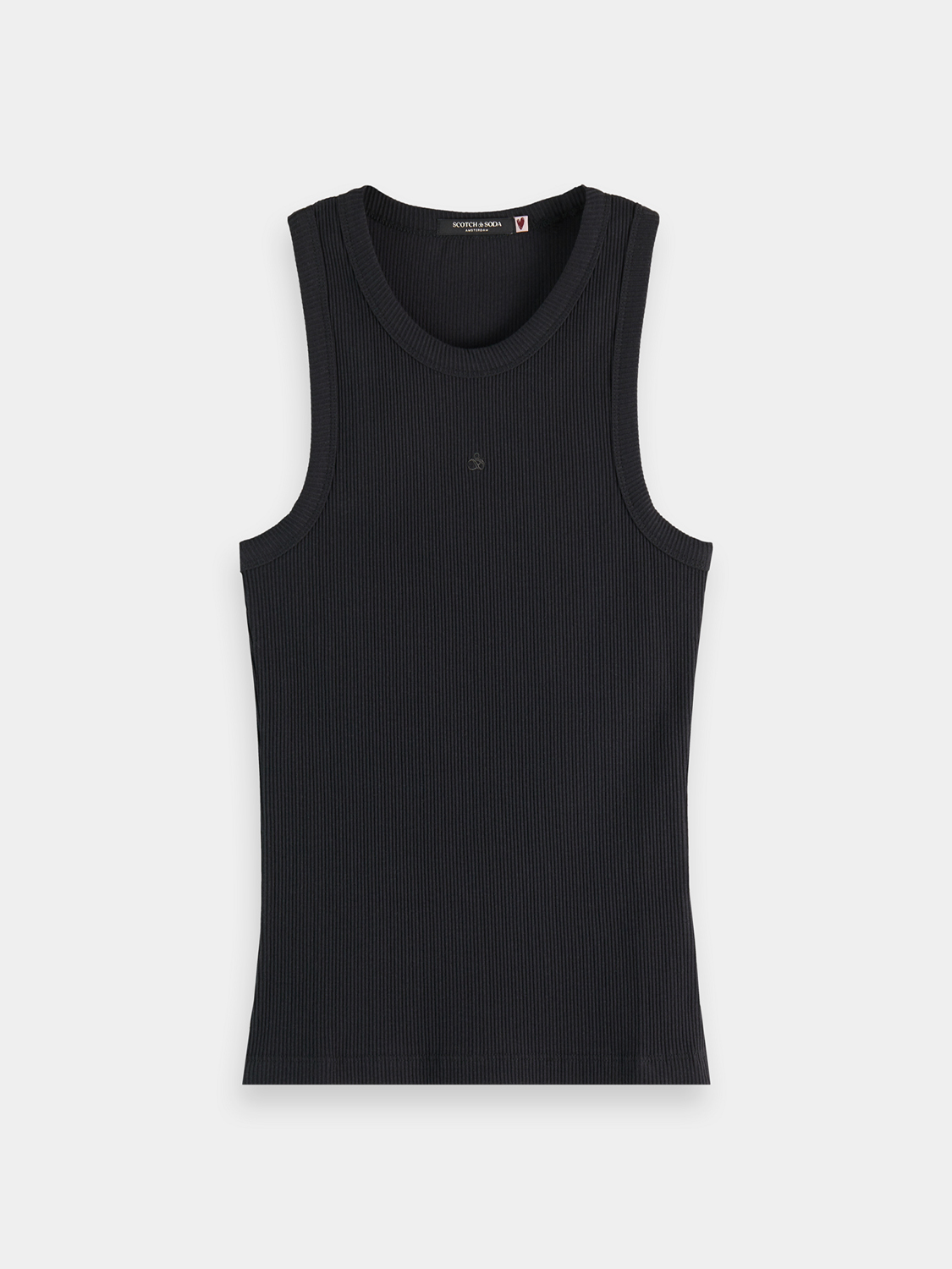 Ribbed black racer tank top by Scotch & Soda, sleeveless design with a fitted silhouette, ideal for casual wear.