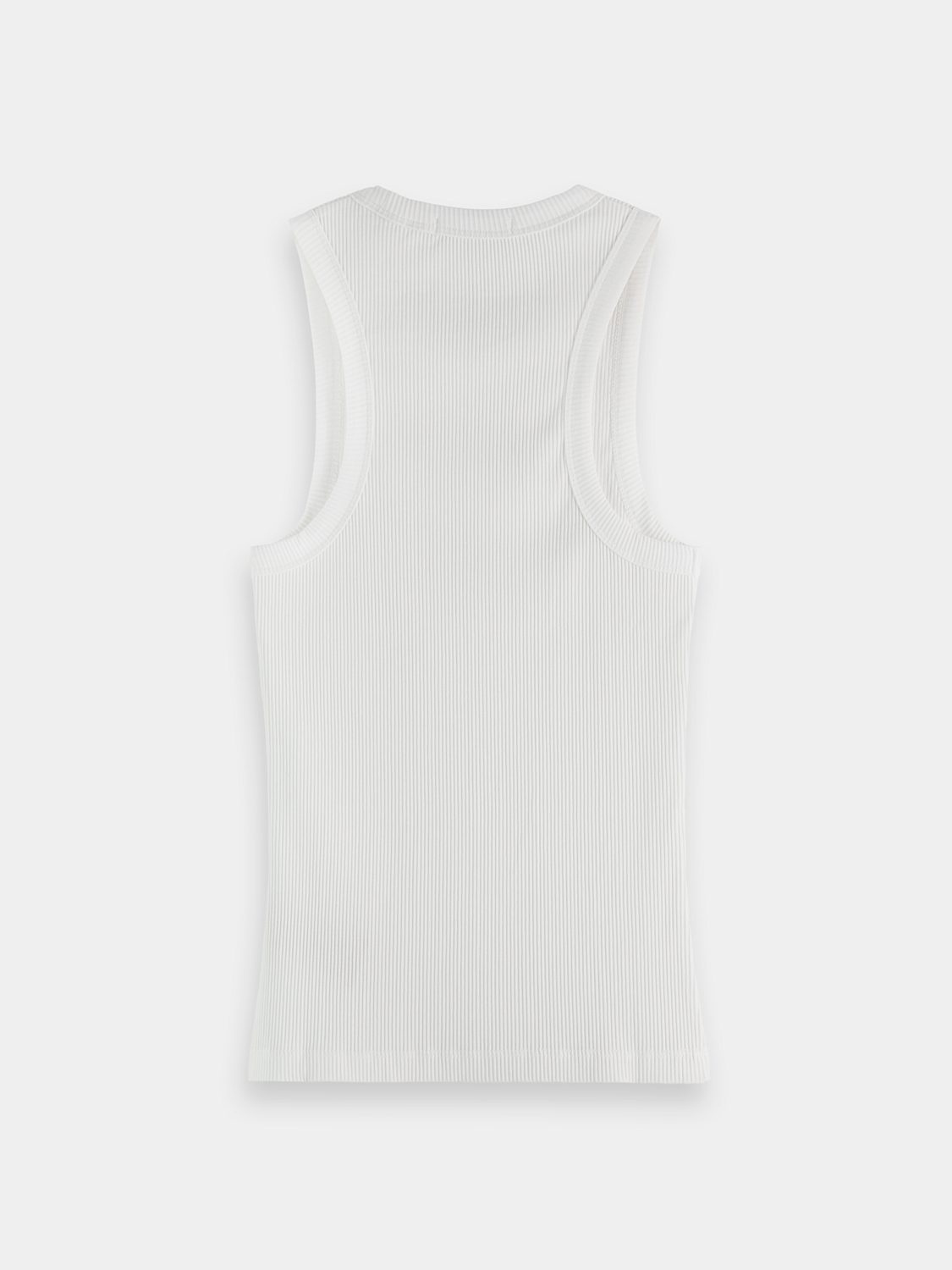 Black ribbed racer tank top by Scotch & Soda, close-up view showing fitted design and ribbed texture.