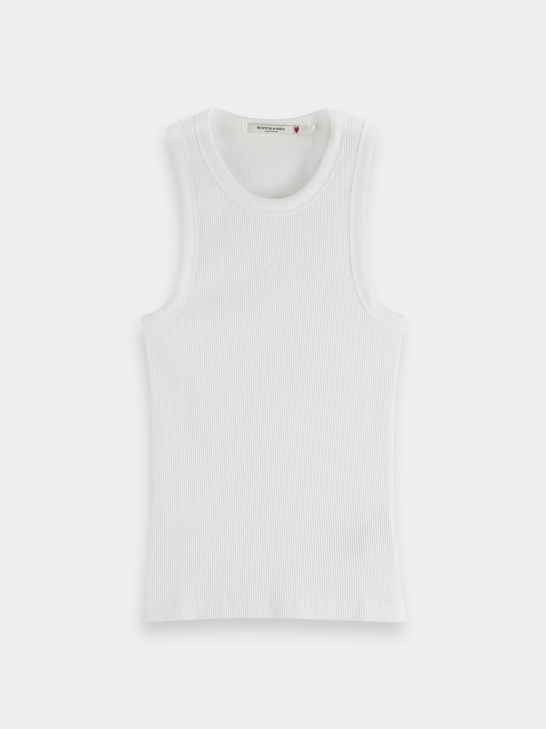 Ribbed SCOTCH & SODA racer tank top in neutral color, fitted design, sleeveless with ribbed texture.