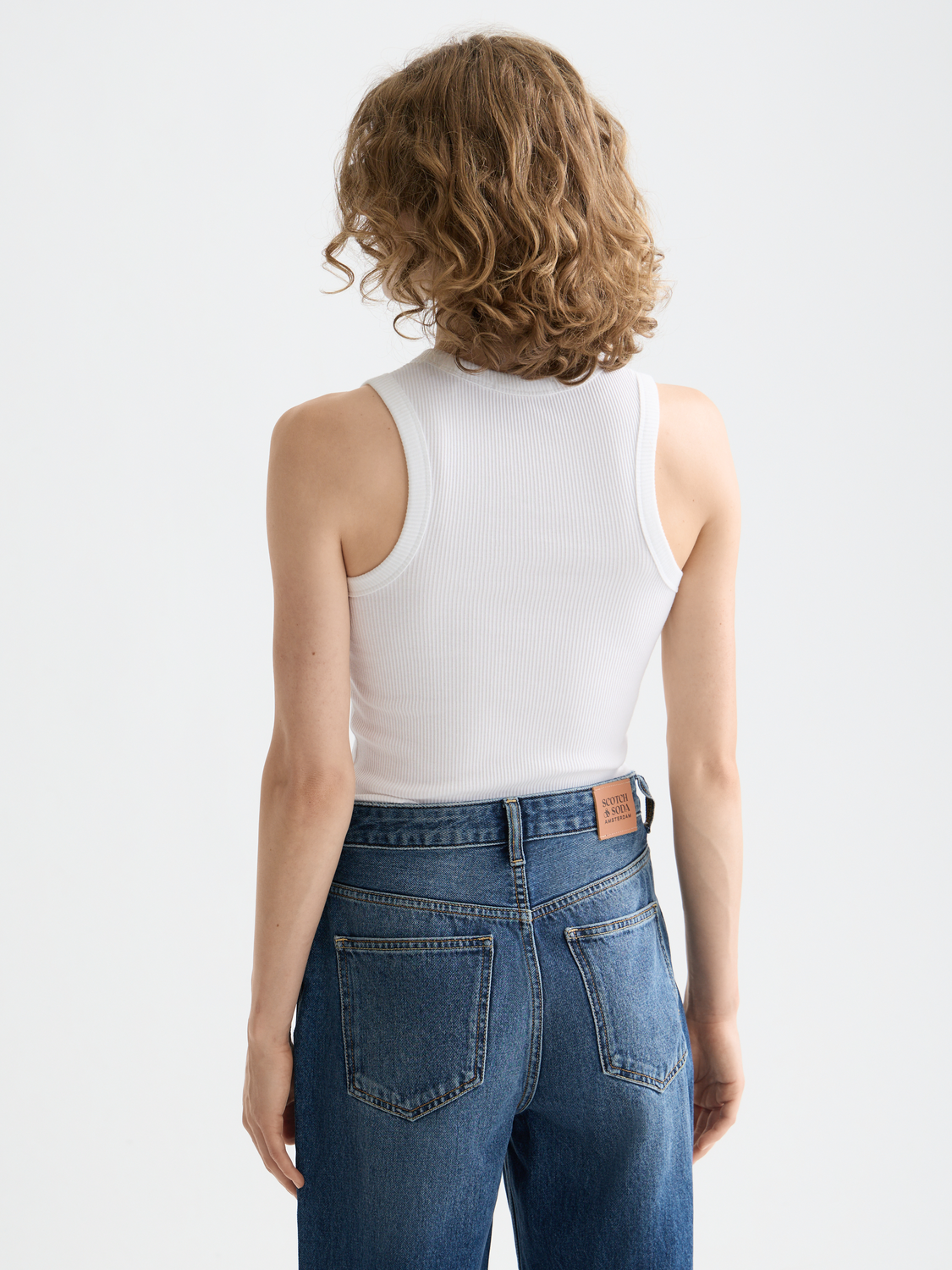 Ribbed racer tank top by Scotch & Soda, sleeveless design with a fitted silhouette, back view showing ribbed fabric and stylish cut