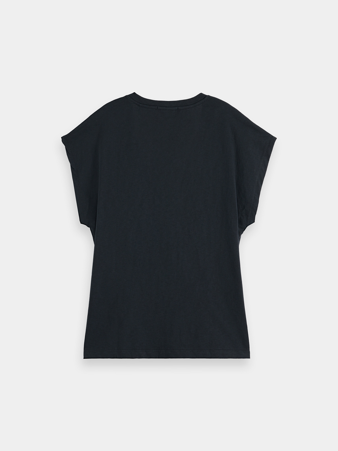 Black Scotch & Soda slub V-neck T-shirt, short-sleeve tee with textured fabric, displayed from the back.