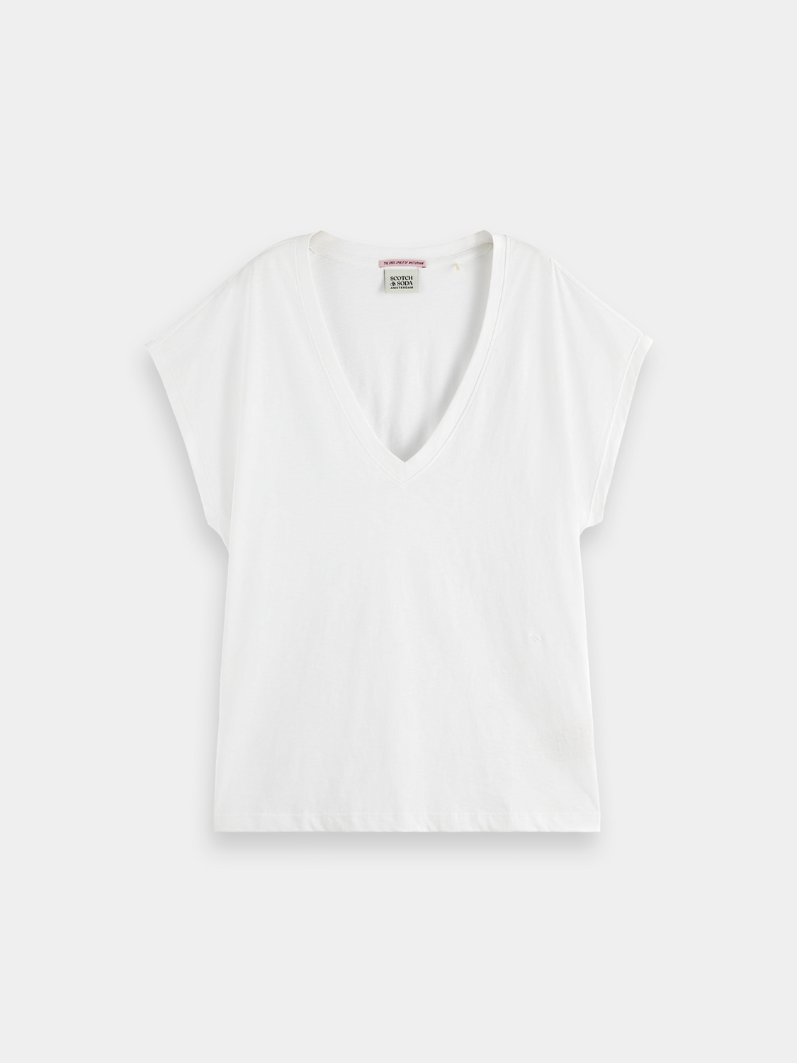 Scotch & Soda men's slub v-neck short sleeve t-shirt with a textured fabric and classic fit, displayed on a model.