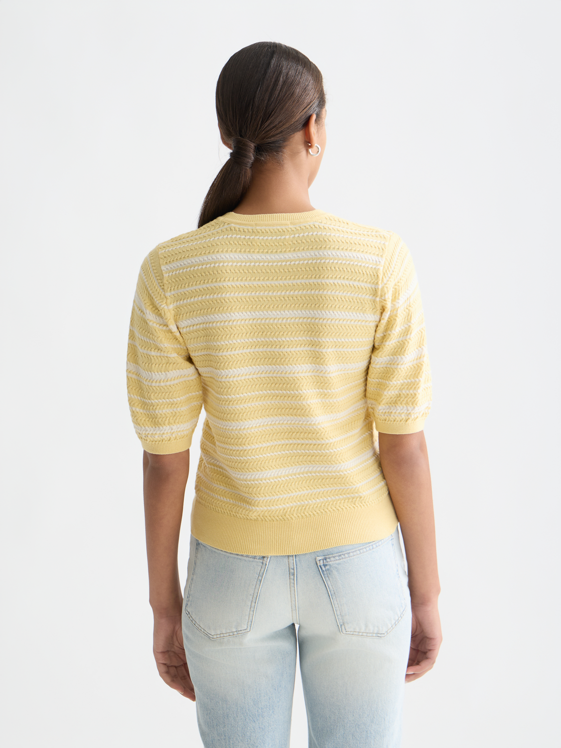 Striped knitted T-shirt from Scotch & Soda, featuring a close-up of the knitwear fabric and back view.
