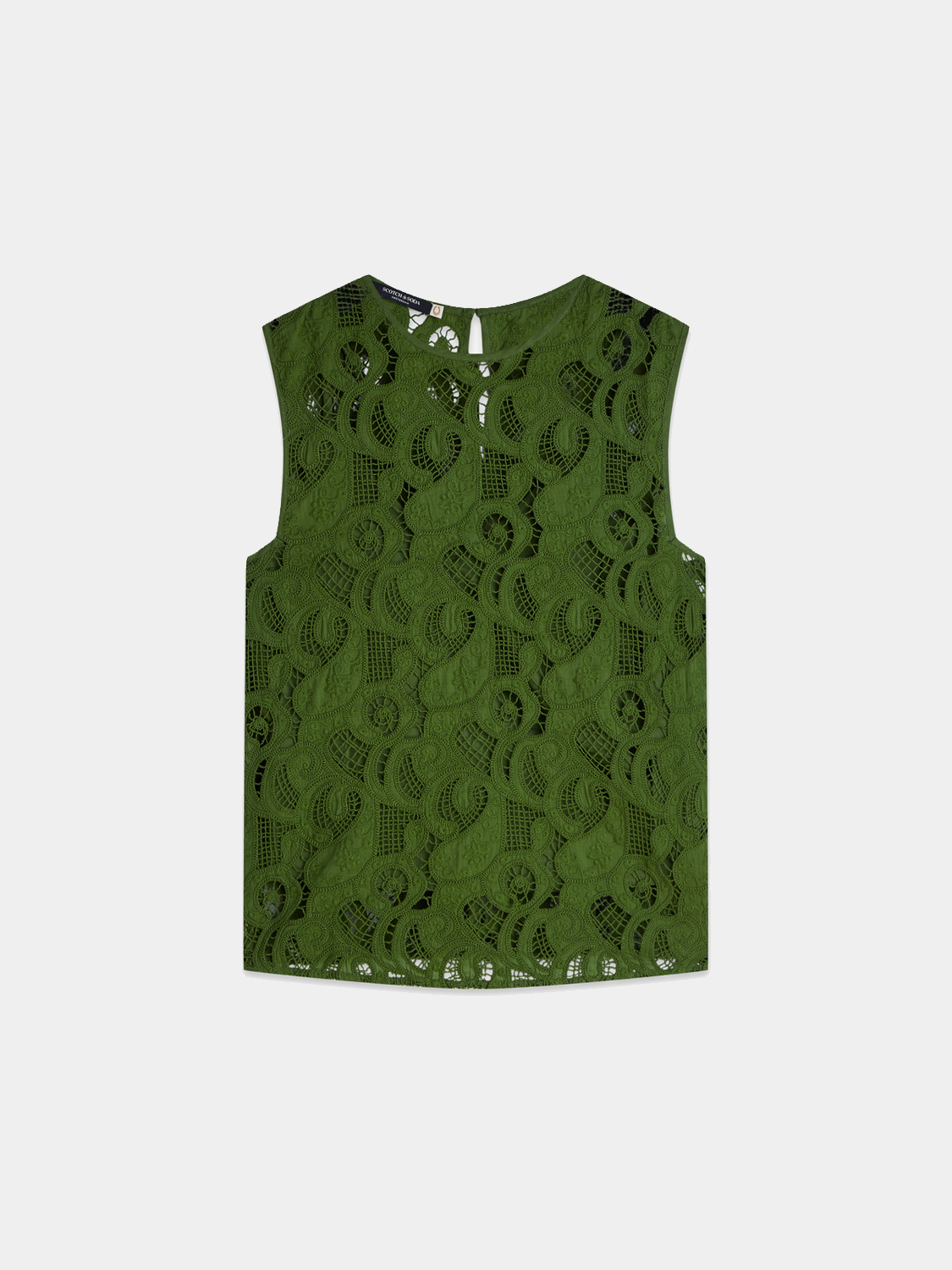 Embroidered woven top from Scotch & Soda featuring intricate embroidery and lightweight fabric, displayed on a hanger.