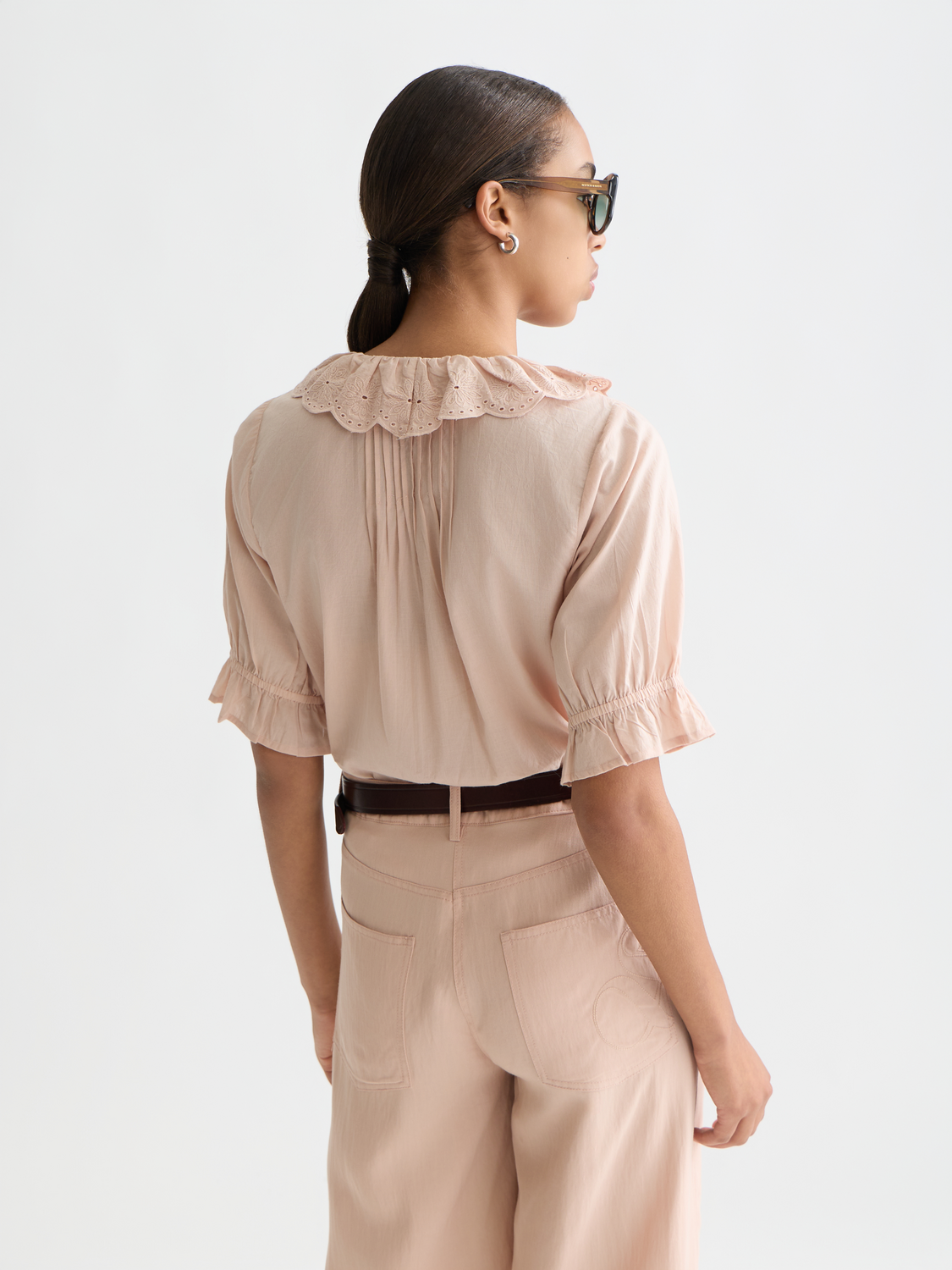 Embroidered short-sleeved woven blouse by Scotch & Soda featuring intricate embroidery and a relaxed fit, back view.