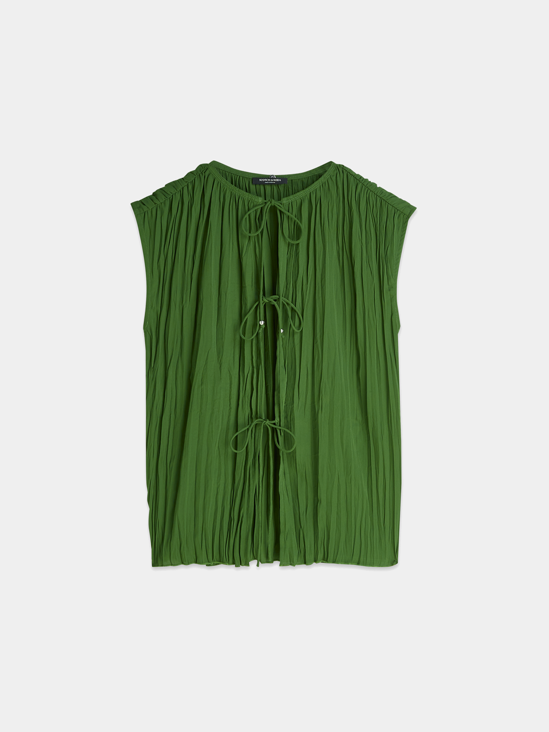 Printed pleat woven top by Scotch & Soda with a flowy design and vibrant pattern, shown on a hanger.