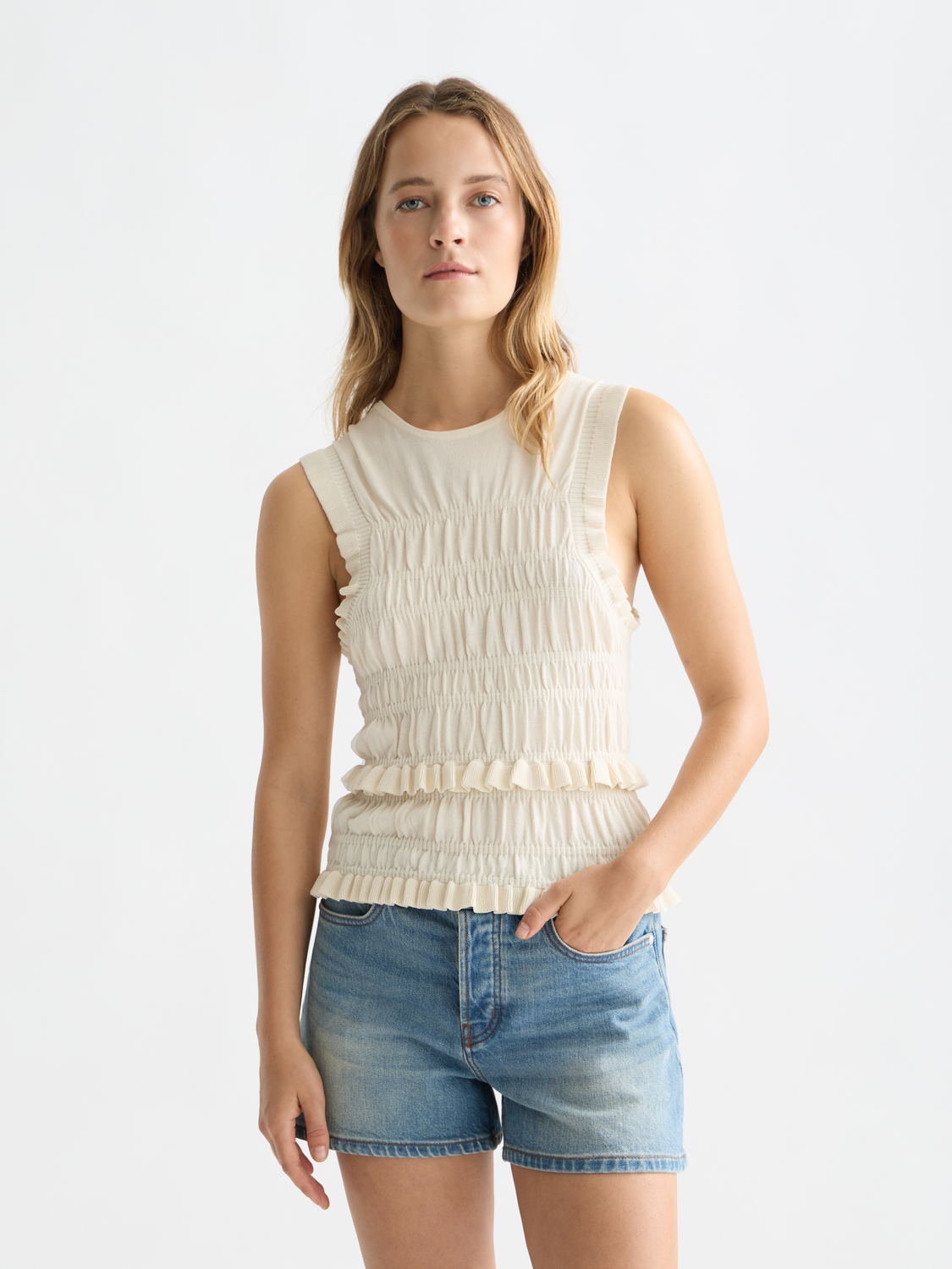 Smock stitched tank top from Scotch & Soda featuring a relaxed fit and casual style, displayed on a mannequin.