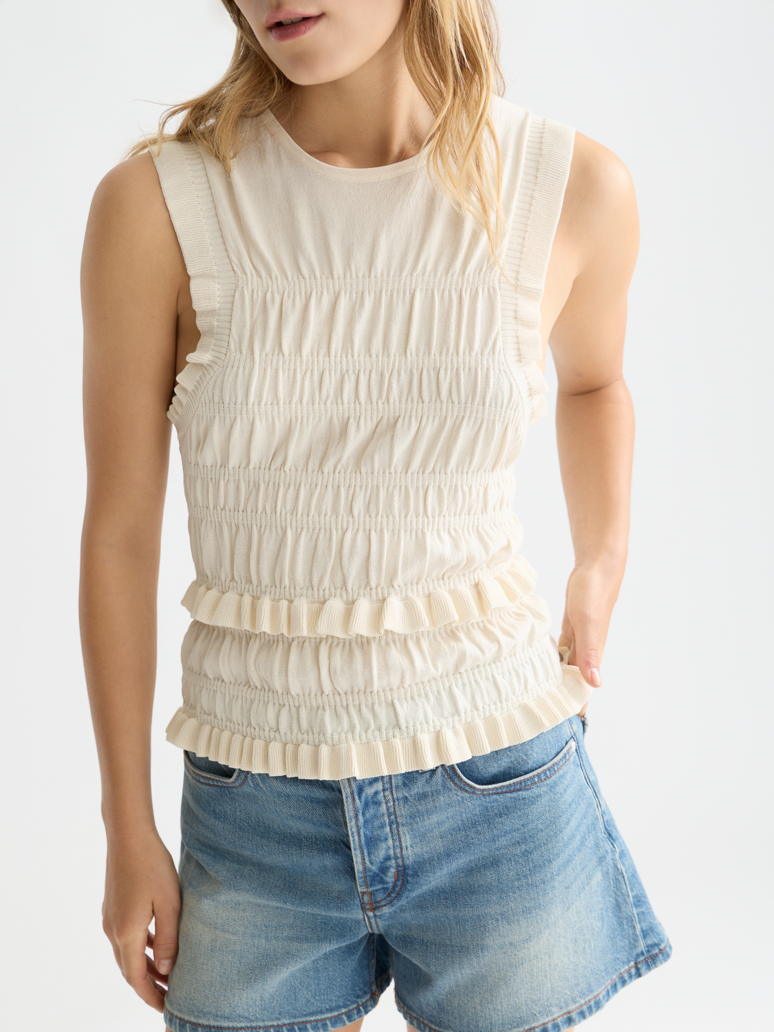Scotch & Soda smock stitched tank top with detailed stitching, sleeveless design, and casual fit on a neutral background.