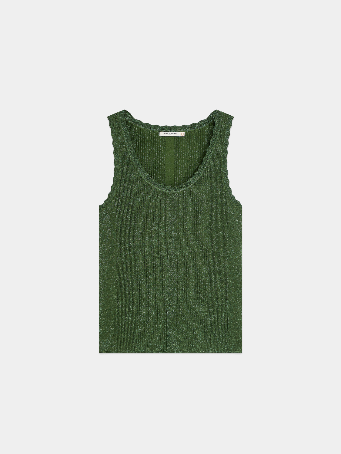 Metallic ribbed tank top by Scotch & Soda, sleeveless sleeveless tank with a fitted ribbed design, front view.