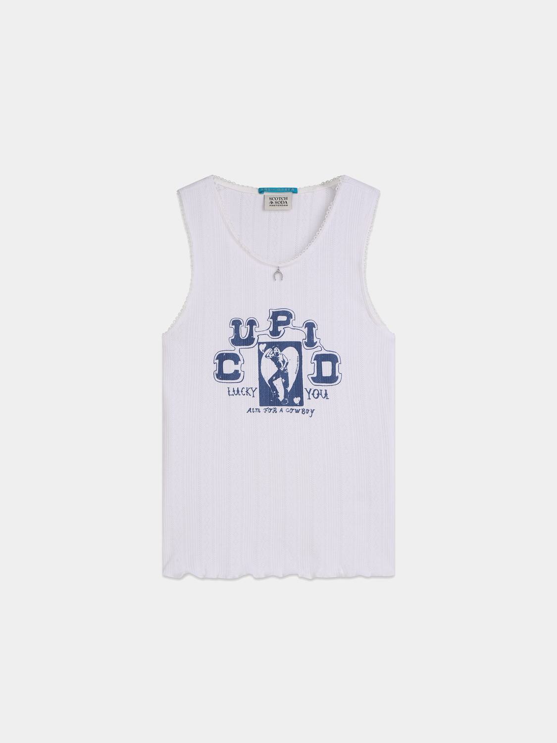 Pointelle artwork tank top by Scotch & Soda featuring a delicate knit pattern and sleeveless design, ideal for casual wear.