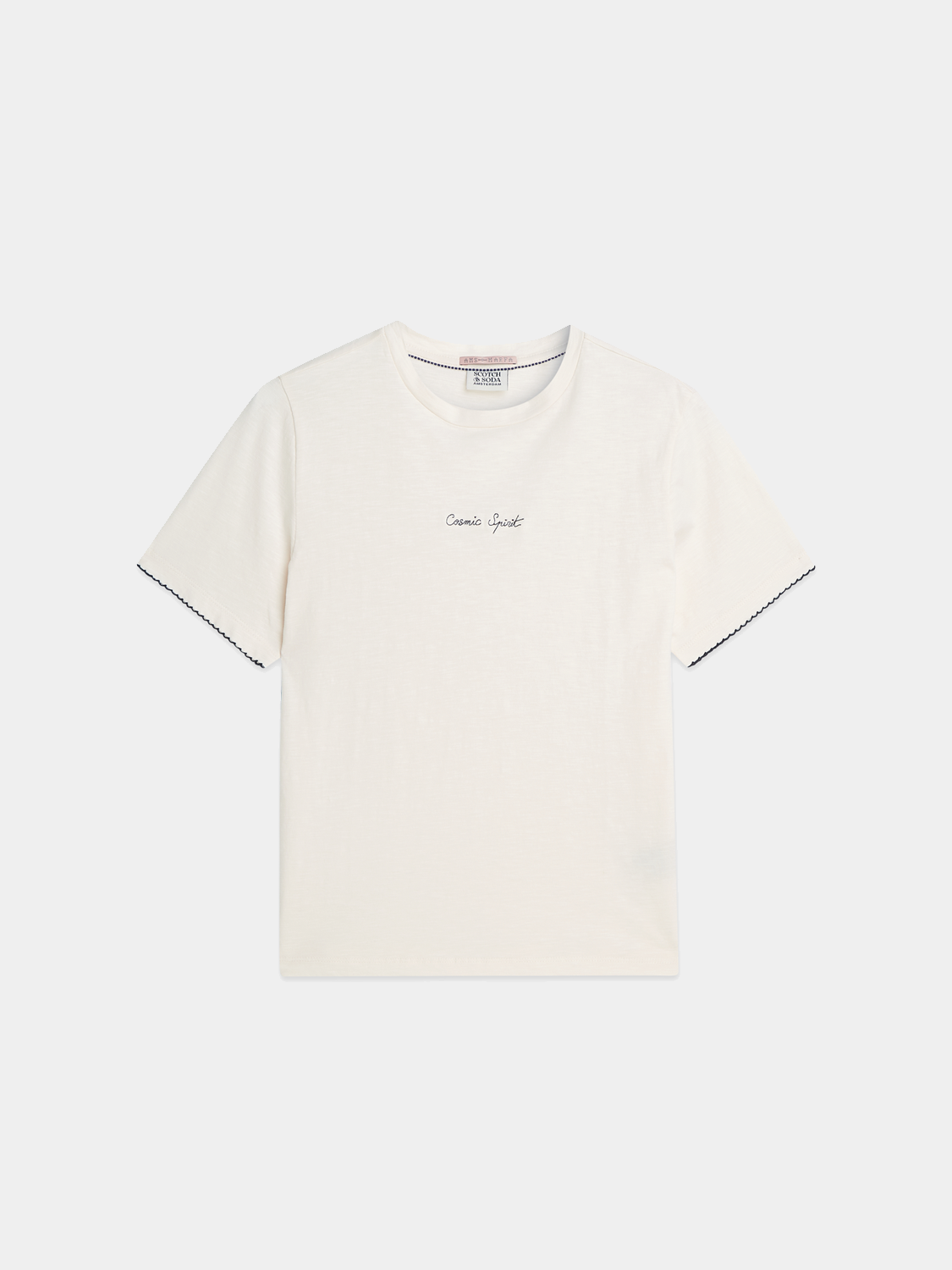 Embroidered Scotch & Soda short-sleeve slub T-shirt with detailed embroidery on soft fabric, casual and stylish men's tee.
