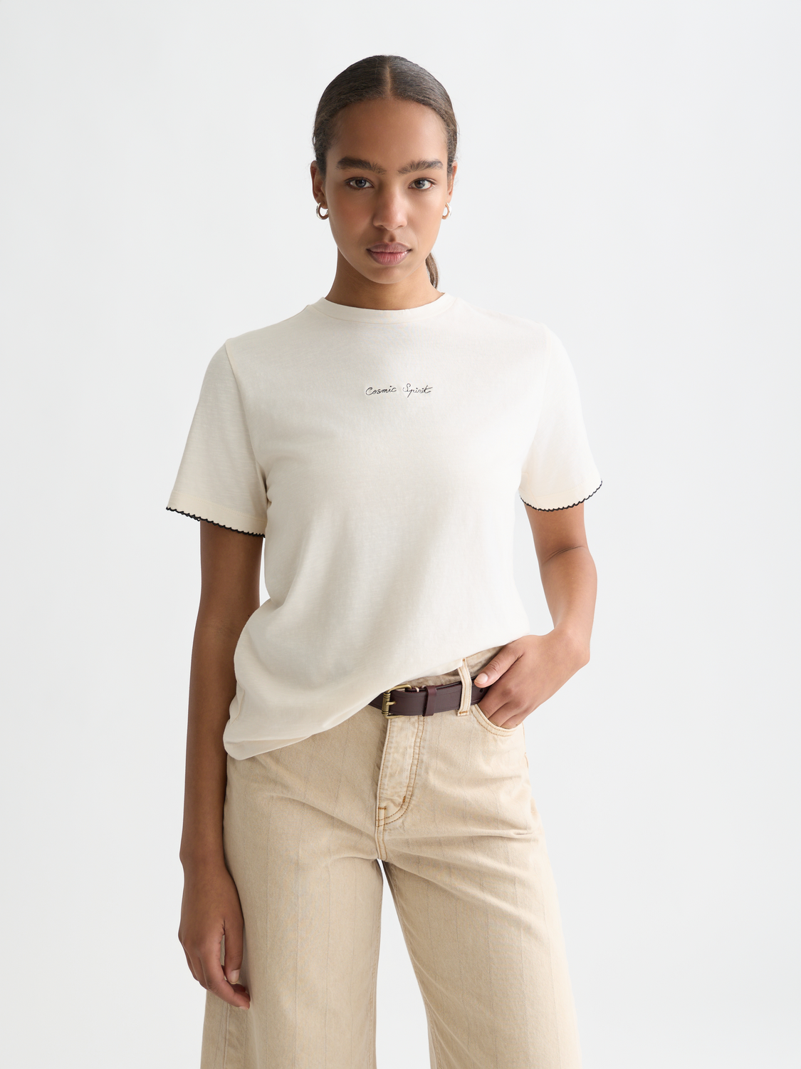 Cream embroidered Scotch & Soda short sleeve slub t-shirt with colorful floral embroidery on the front.