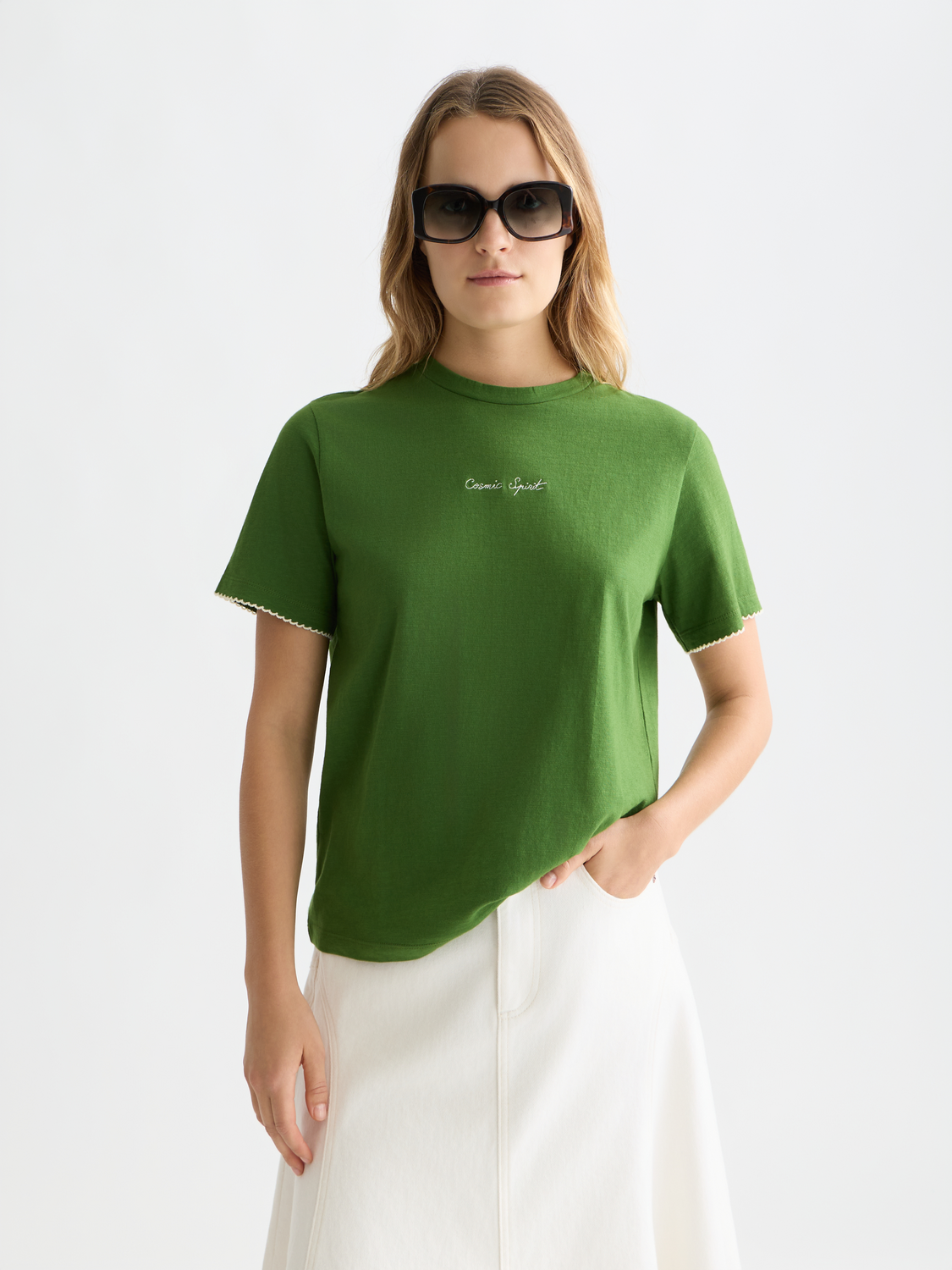 Embroidered Scotch & Soda short-sleeve slub t-shirt with a relaxed fit and subtle textured fabric, front view.