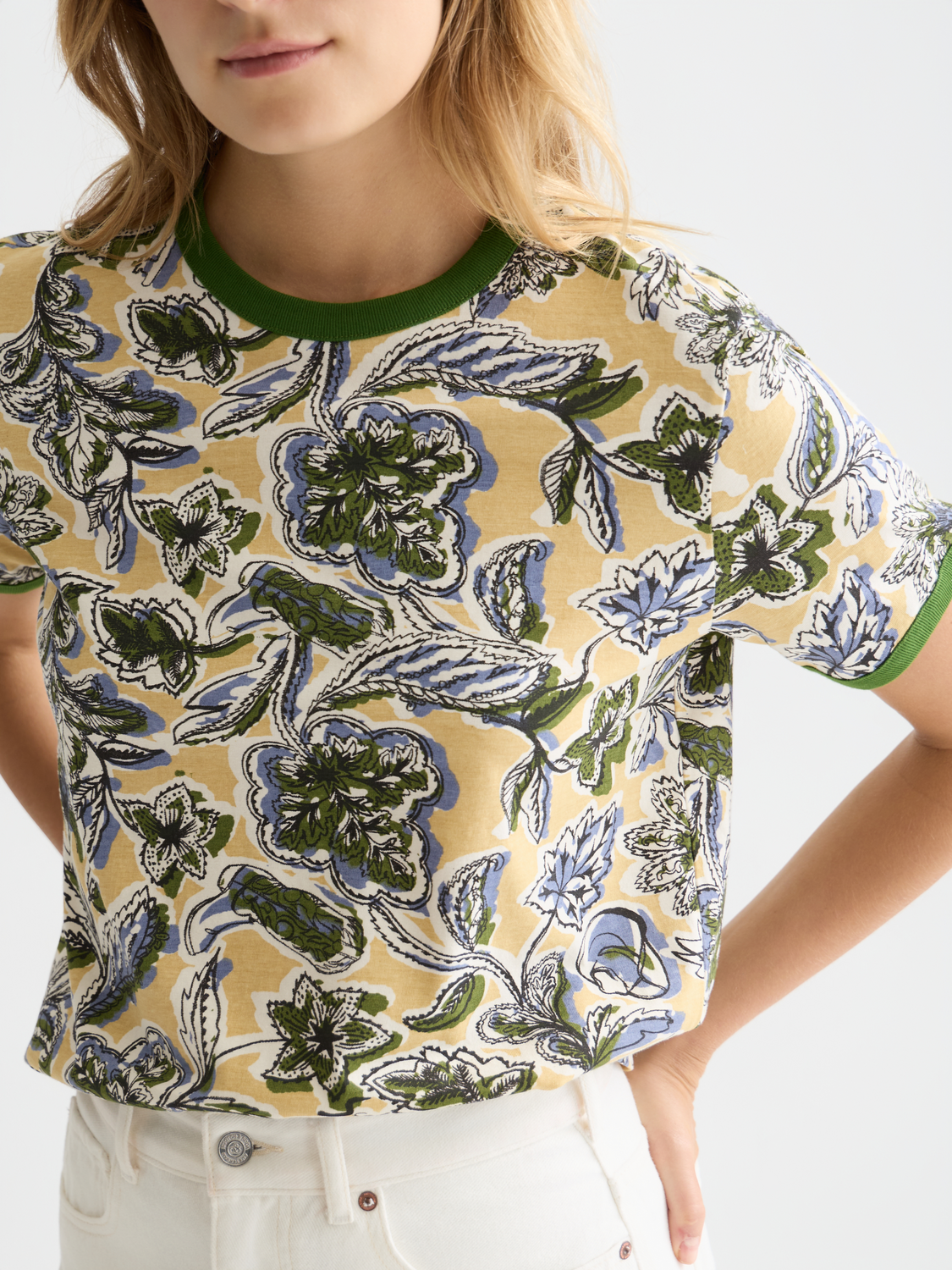 Printed Scotch & Soda short sleeve T-shirt with colorful graphic design on soft fabric, casual style, front view.