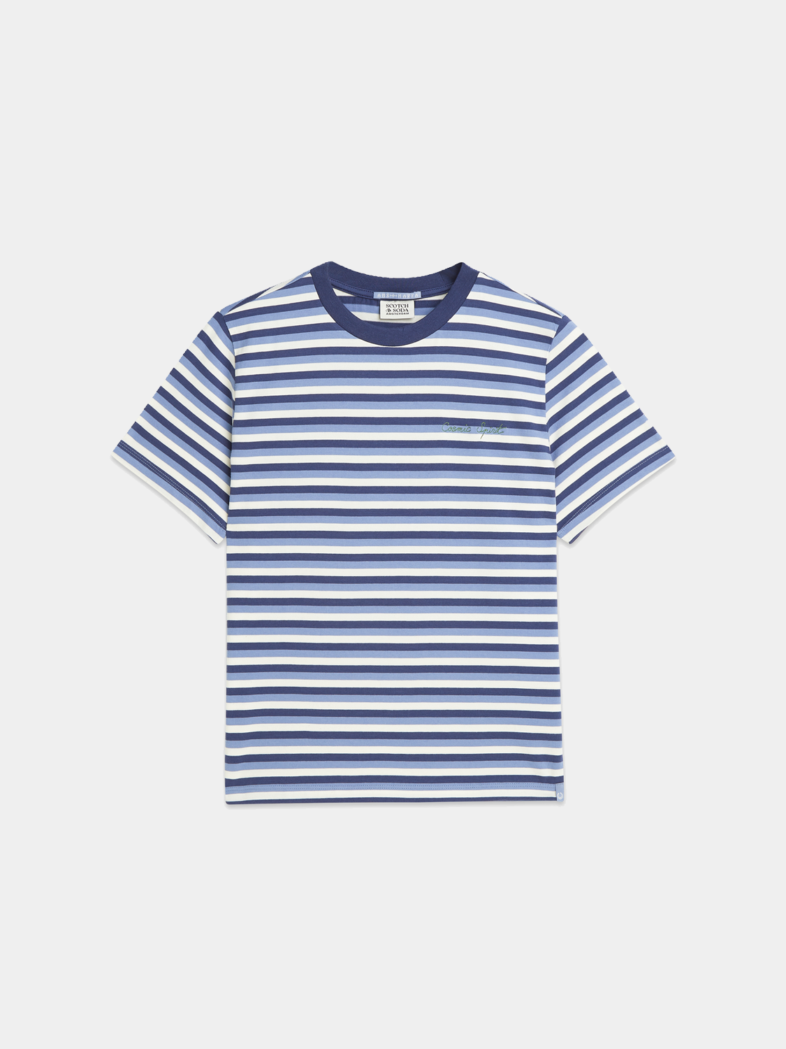 Striped SCOTCH & SODA short-sleeve t-shirt with multicolored horizontal stripes on soft fabric.