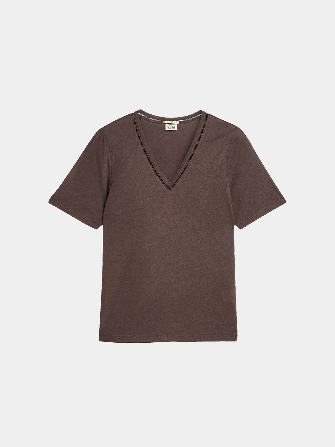 Light beige linen V-neck T-shirt from Scotch & Soda's short-sleeve tees collection, displayed on a neutral background.
