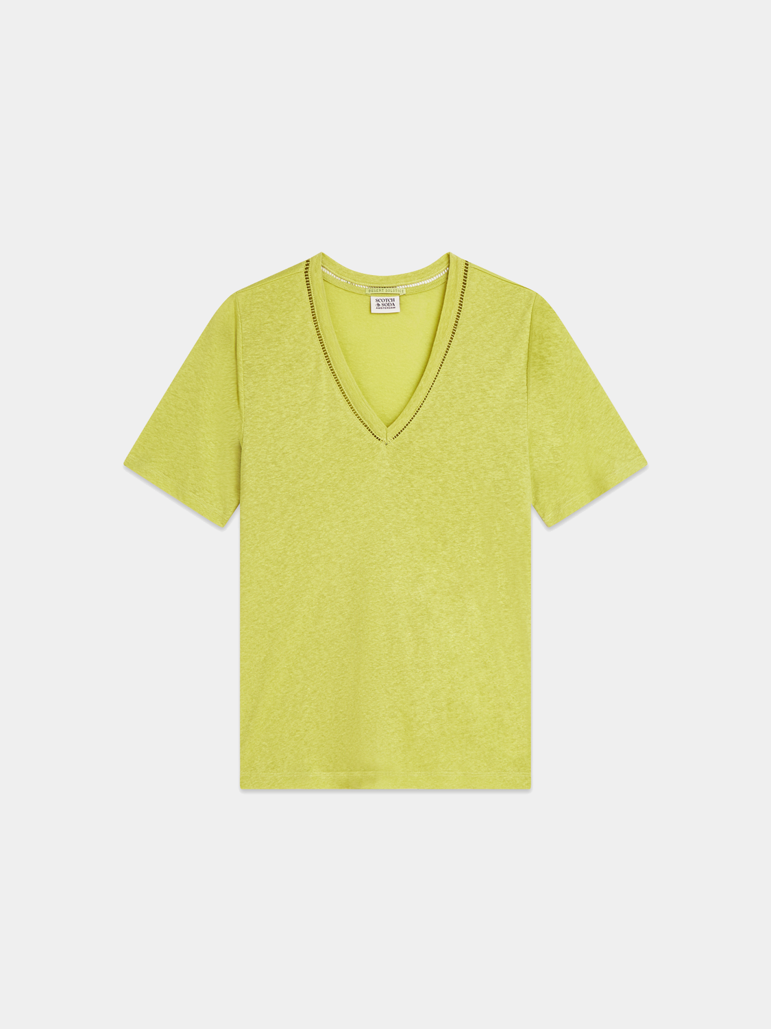Linen V-neck T-shirt by Scotch & Soda, short sleeve casual top in light fabric, displayed in a neutral setting.