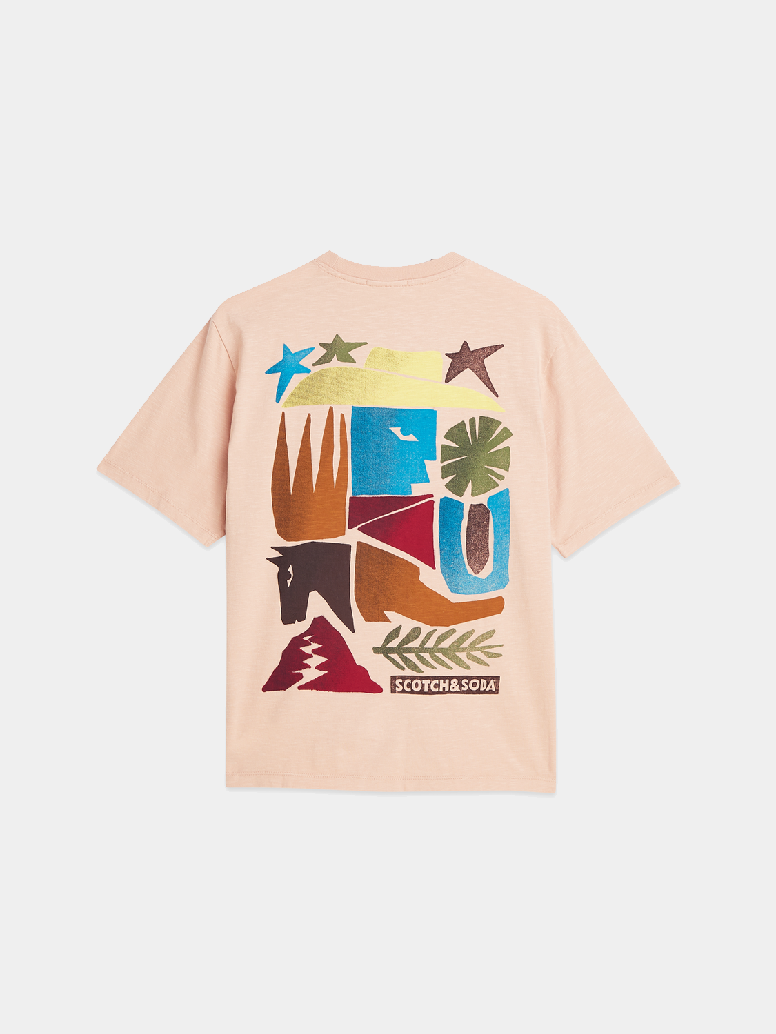 Black short-sleeve Scotch & Soda artwork T-shirt with colorful graphic design on front.
