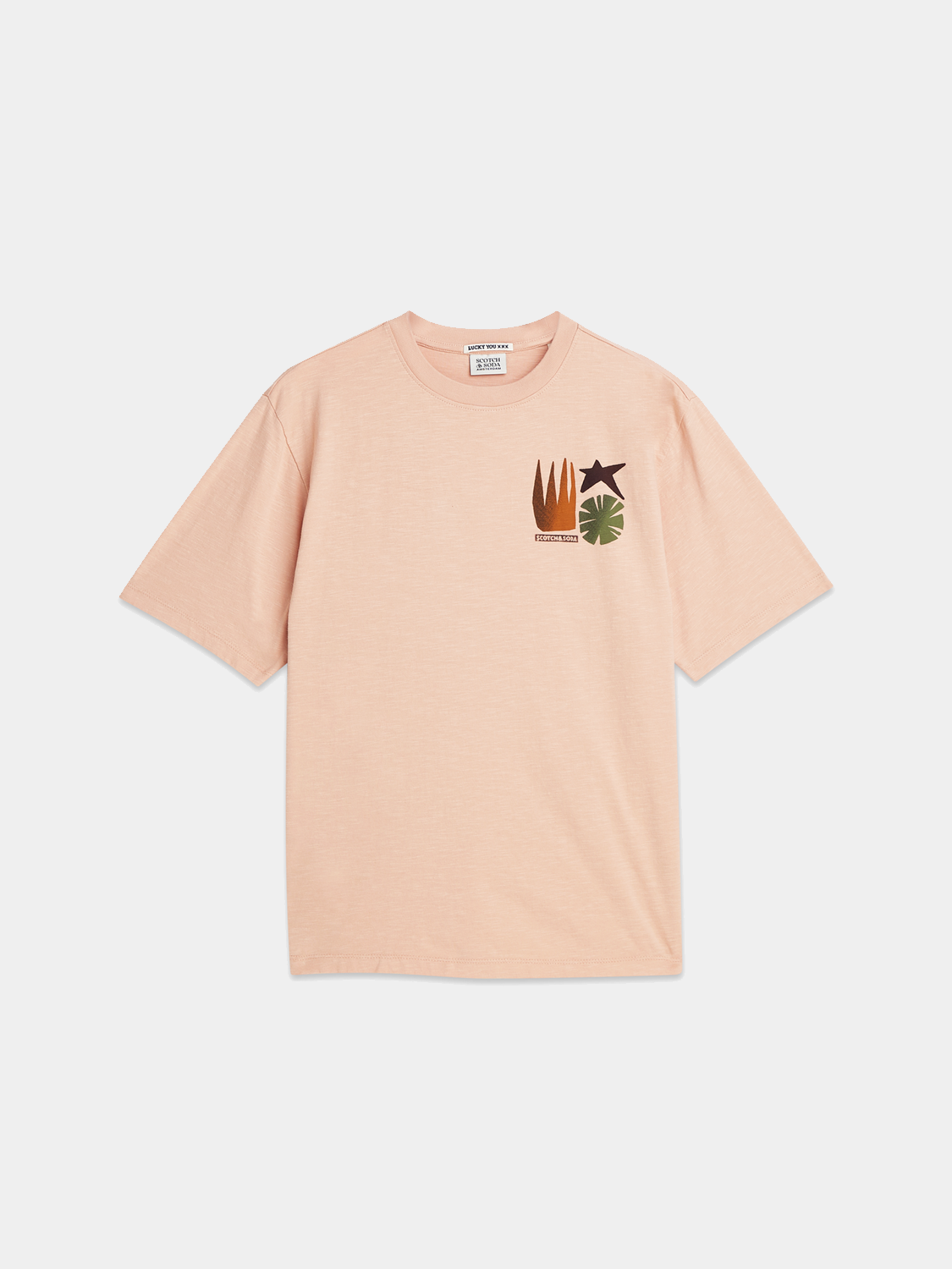 Scotch & Soda short sleeve T-shirt featuring vibrant artwork design on front, casual fit, white fabric, and round neckline.
