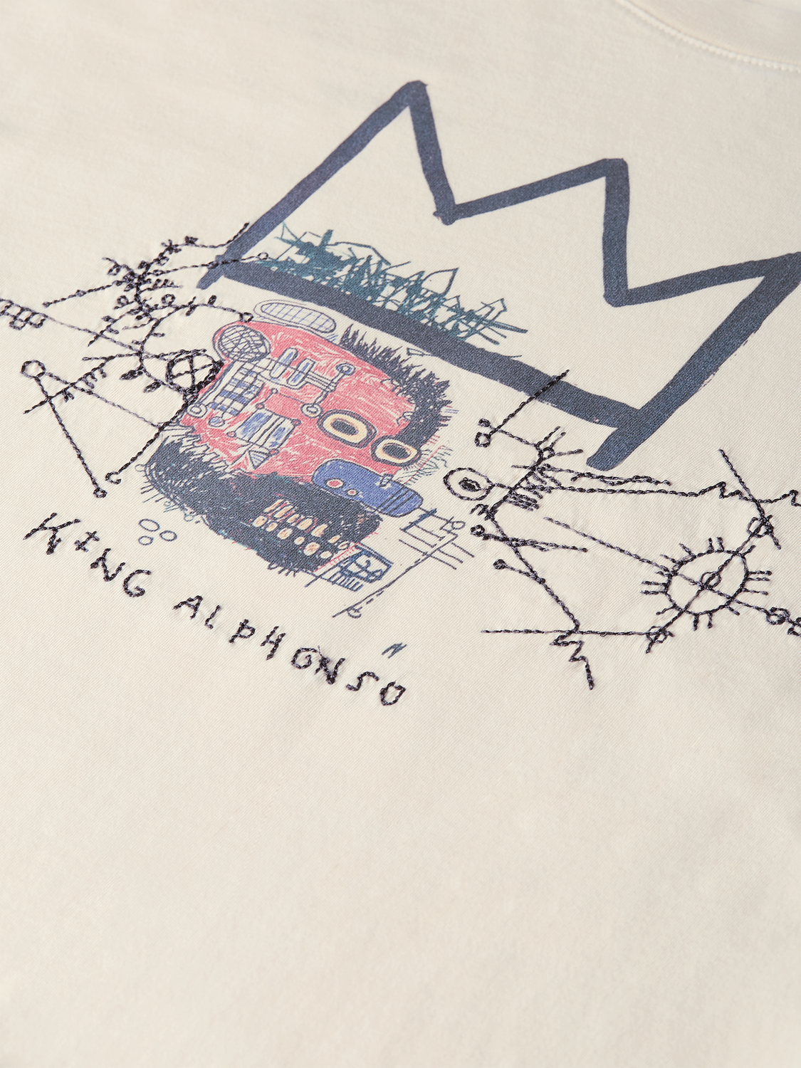 Scarlet and white S&S x Basquiat washed artwork T-shirt by Scotch & Soda, featuring abstract Basquiat-inspired design.