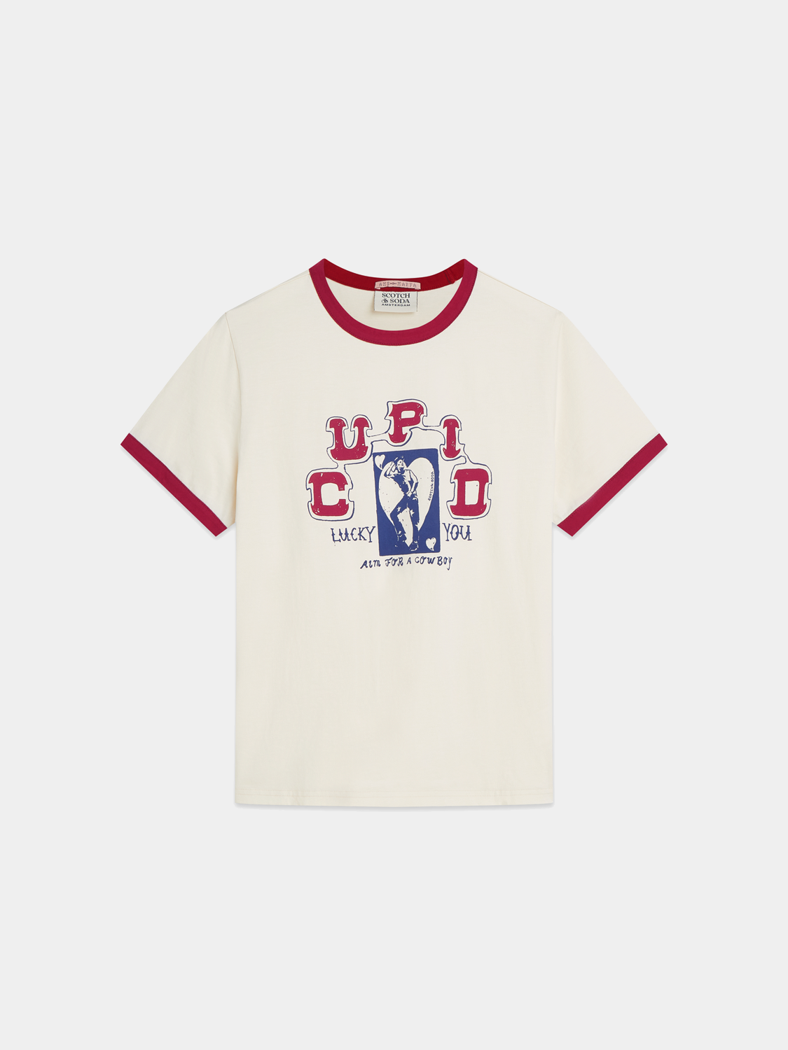 Contrast binding Scotch & Soda short sleeve T-shirt with crew neck and stylish design, shown on a model.