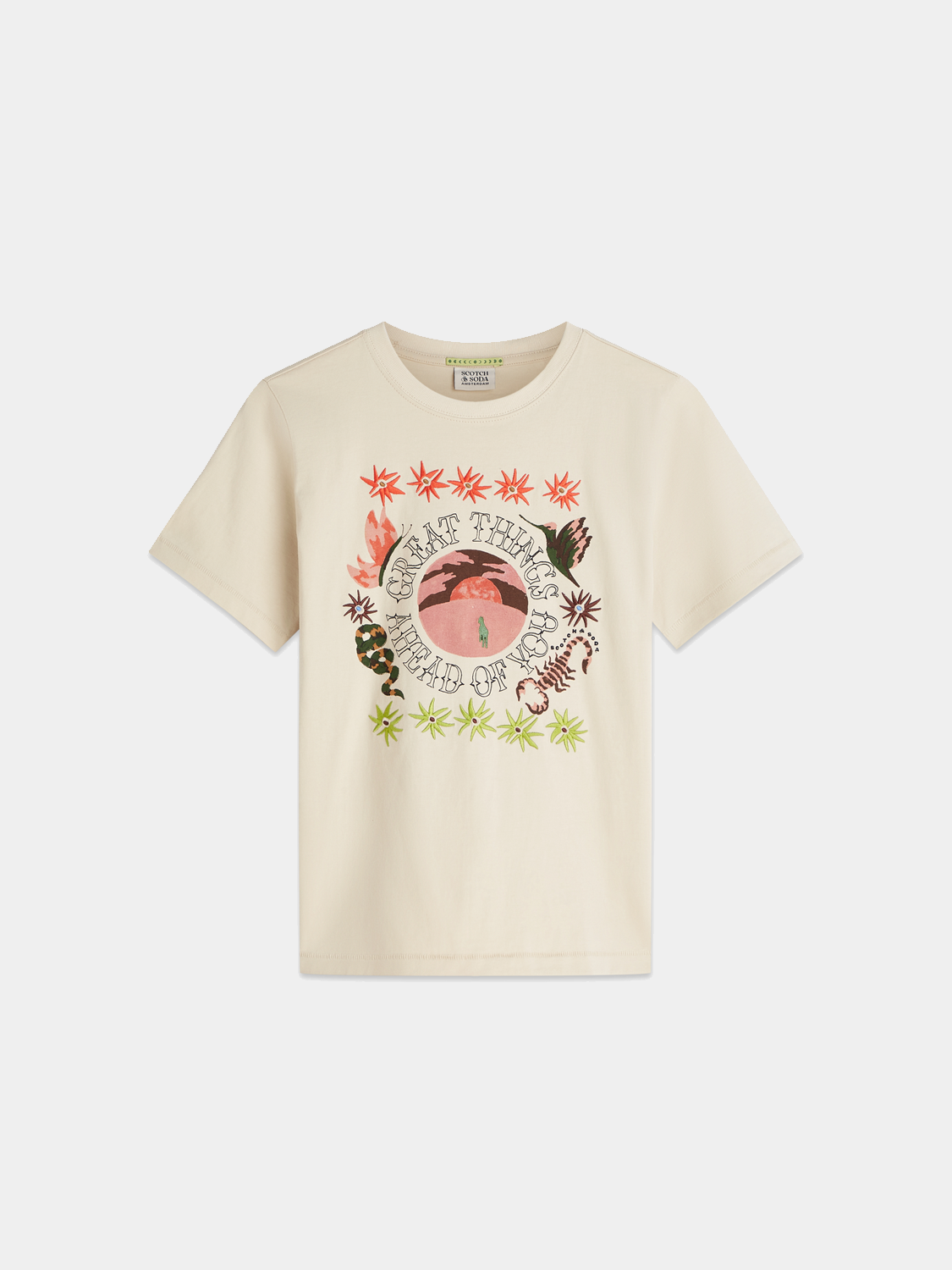 Short sleeve embroidered artwork T-shirt by Scotch & Soda featuring colorful floral embroidery on soft cotton fabric.