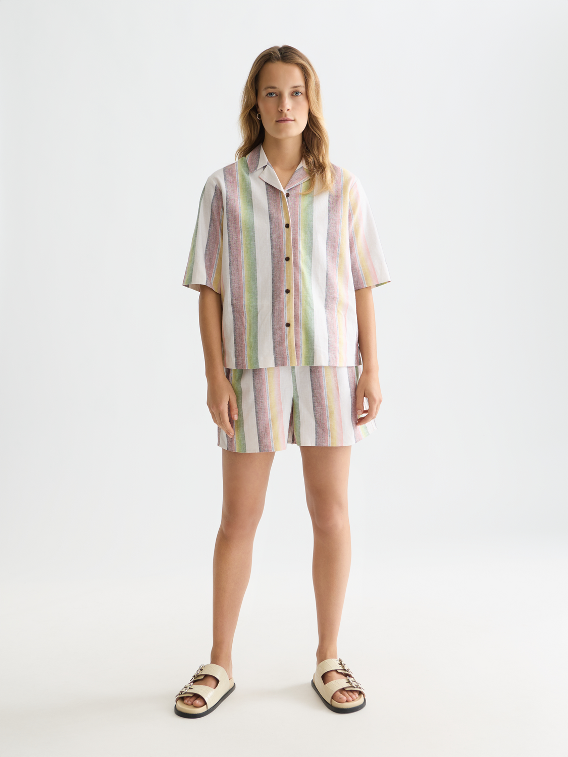 Striped Scotch & Soda short sleeve shirt with a classic design, featuring horizontal blue and white stripes and a button front.