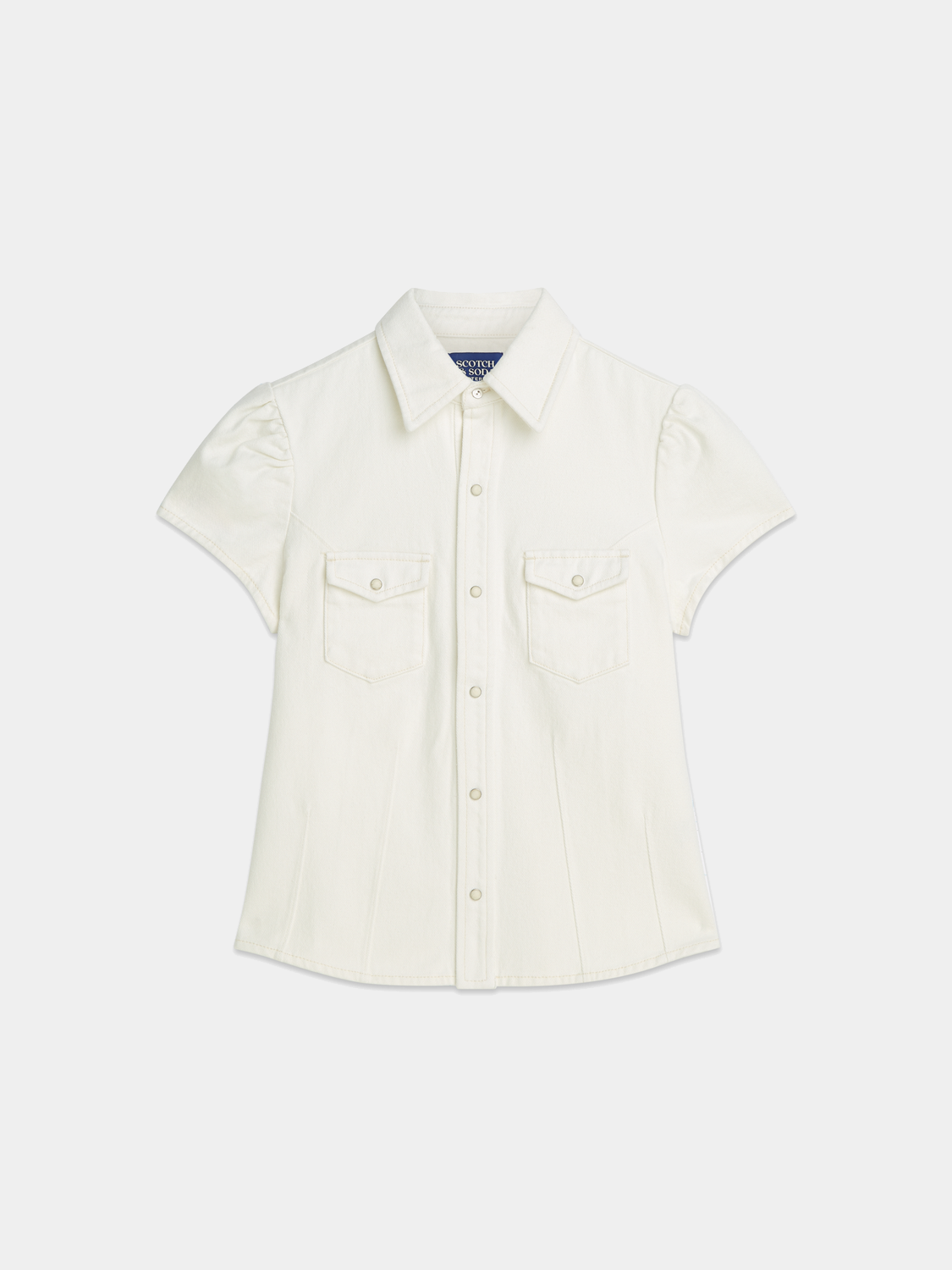 Light blue Scotch & Soda short-sleeve denim shirt with button-up front and classic collar, displayed on a hanger.
