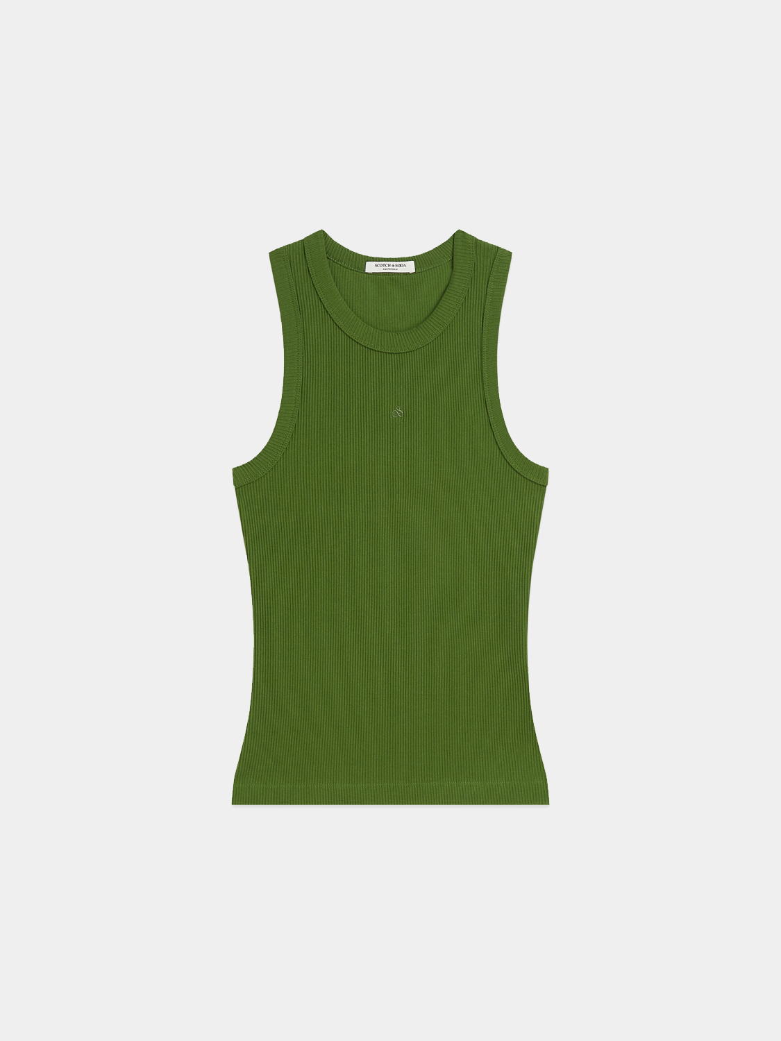 Blue Scotch & Soda rib racer tank top with fitted style and sleeveless design, displayed on a white background.