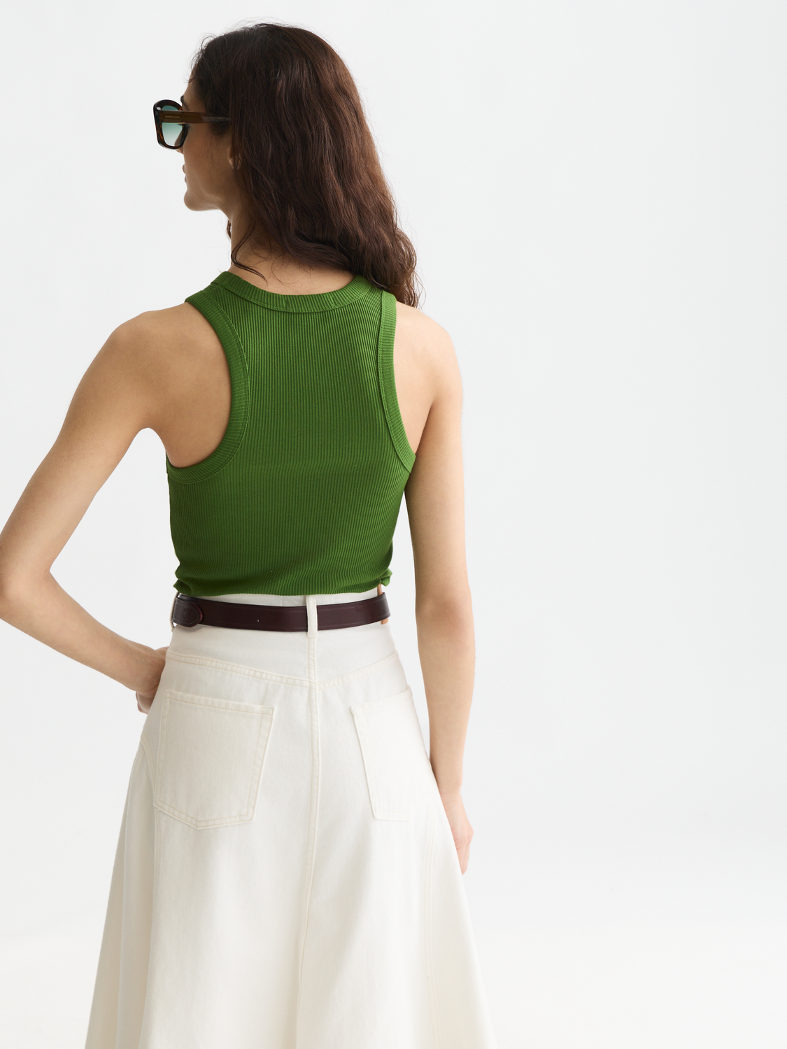 Black Scotch & Soda rib racer tank top with sleeveless design and fitted silhouette, shown from the back.