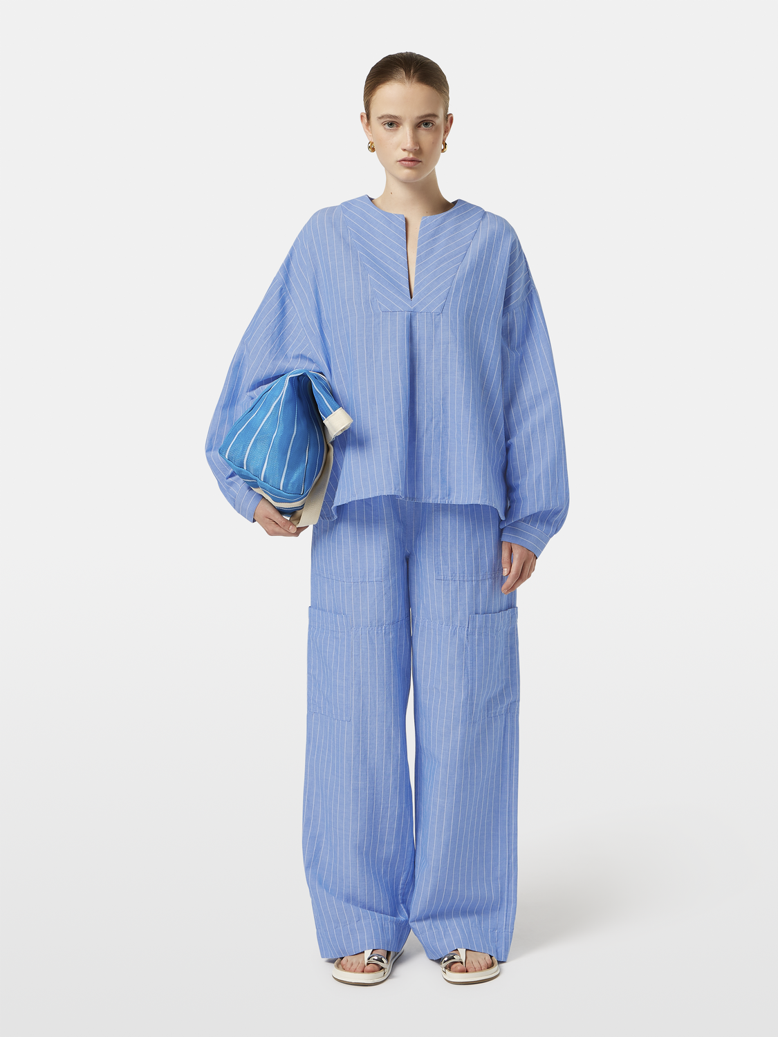 Striped cotton-linen blouse from SCOTCH & SODA, woven top with a relaxed fit, featuring horizontal stripes in neutral tones.