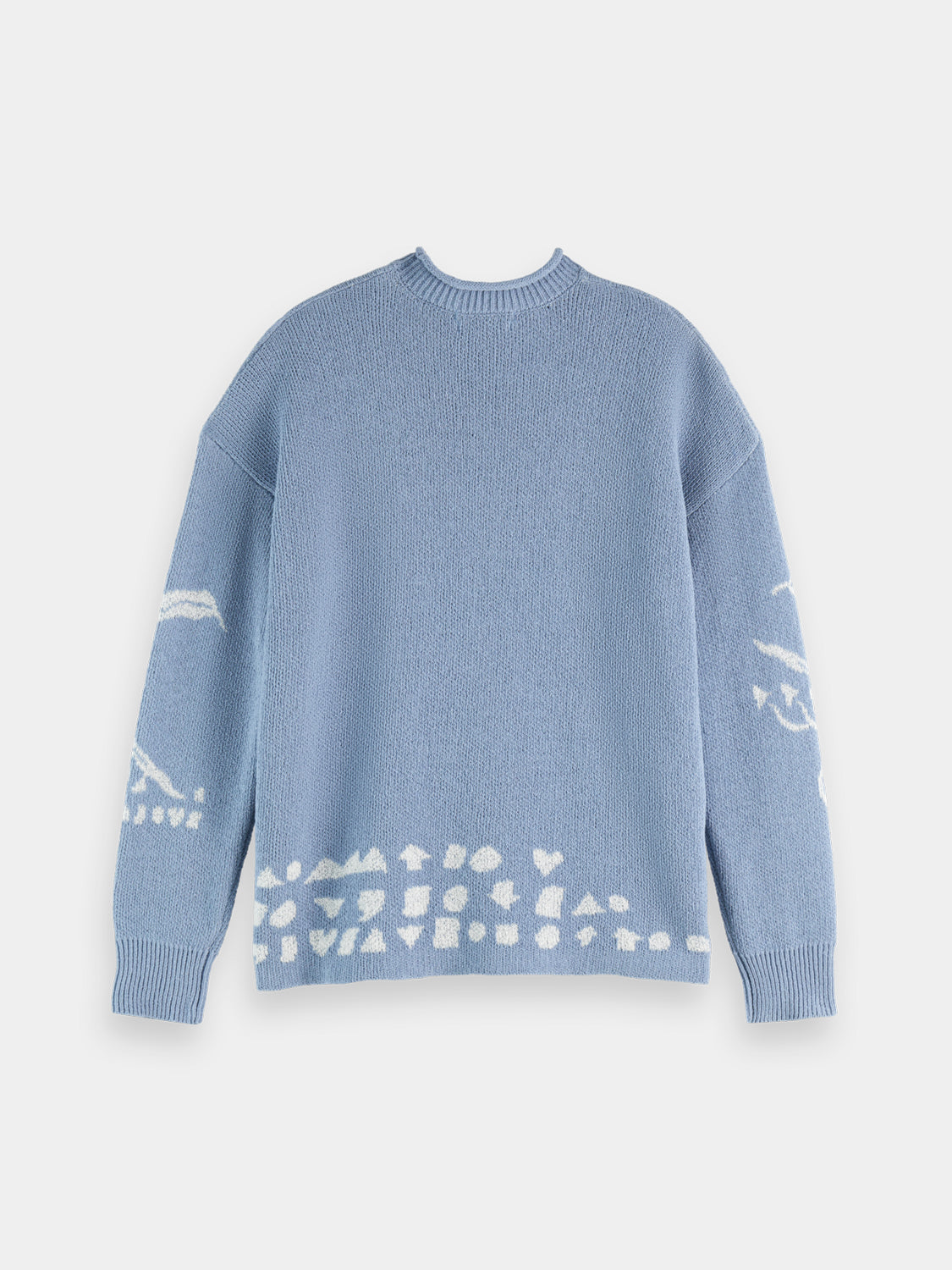 Black Scotch & Soda jacquard knit pullover with intricate woven pattern and ribbed cuffs, displayed on a neutral background.
