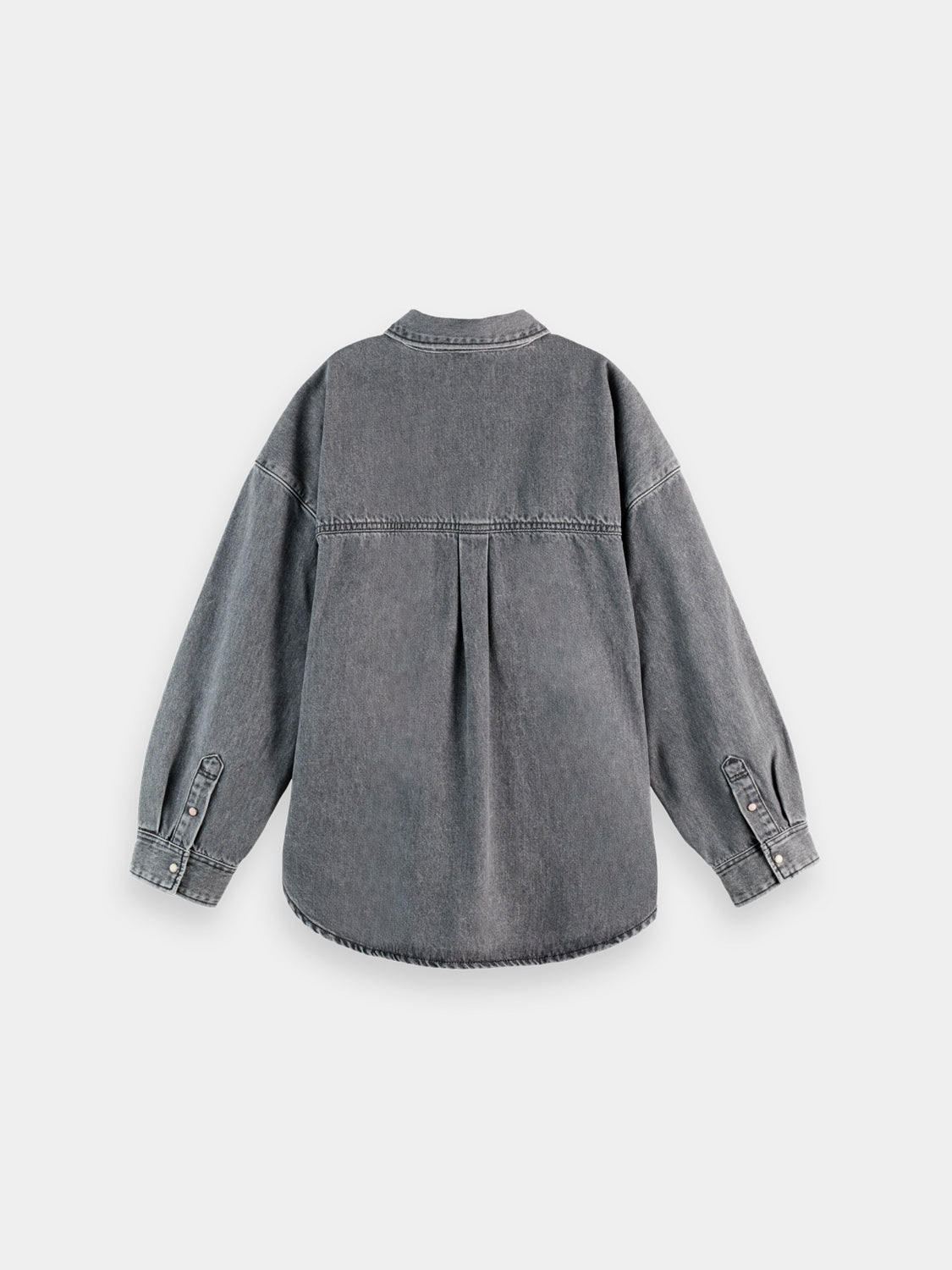 Scotch & Soda washed denim overshirt, long-sleeve shirt with button front and chest pockets, dark blue color, casual style.