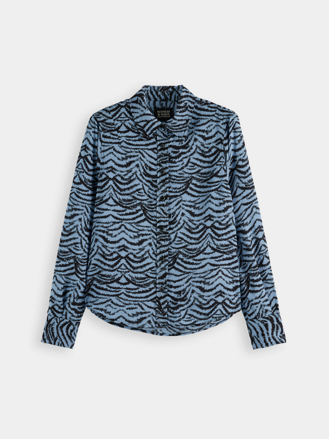 Long-sleeve printed shirt by Scotch & Soda featuring colorful patterns and casual fit, displayed on a hanger.