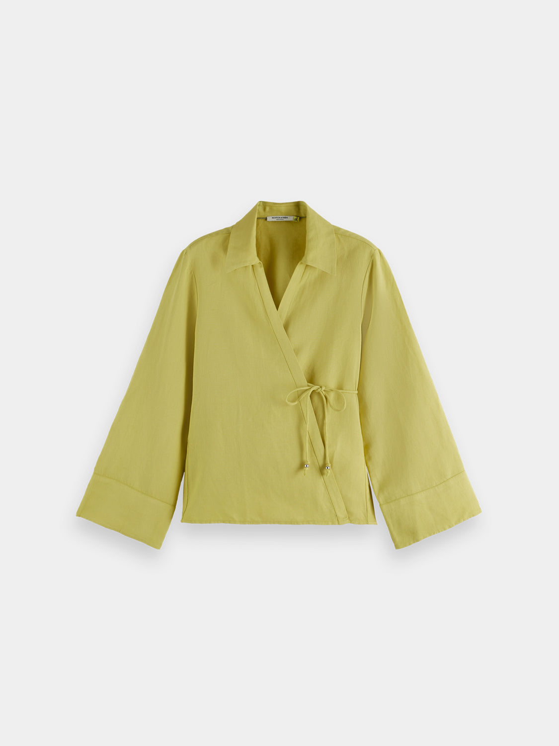 Long sleeve wrap shirt by Scotch & Soda featuring a stylish design and soft fabric, shown in a close-up front view.