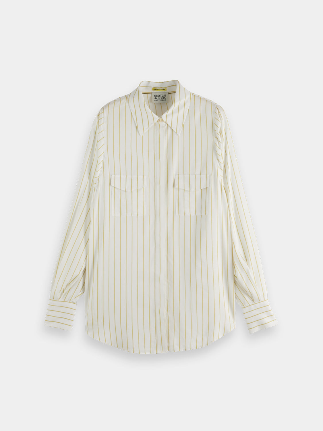 Long sleeve striped pocket shirt by Scotch & Soda showing a front view with a chest pocket and button-down collar.