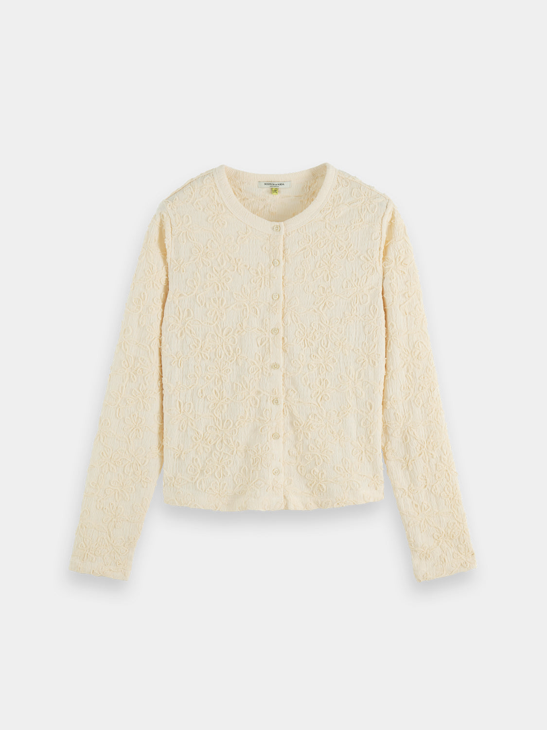Long sleeve textured button-up top from Scotch & Soda, featuring a stylish pattern and classic collar design.