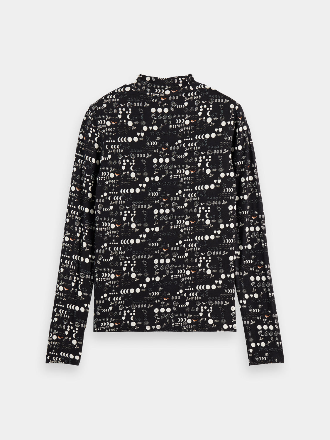 Black printed mock neck long sleeve tee from Scotch & Soda featuring a stylish design and comfortable fit.