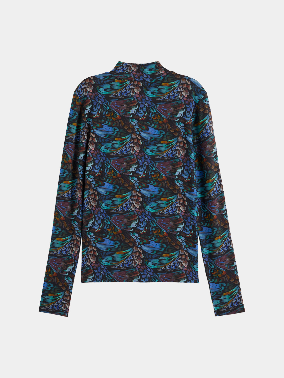 Black printed long-sleeve mock neck tee from Scotch & Soda with a fitted silhouette and stylish graphic design.