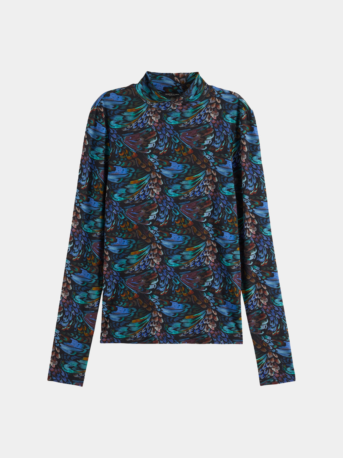Long-sleeve printed mock neck tee by Scotch & Soda, featuring a stylish design and comfortable fit.