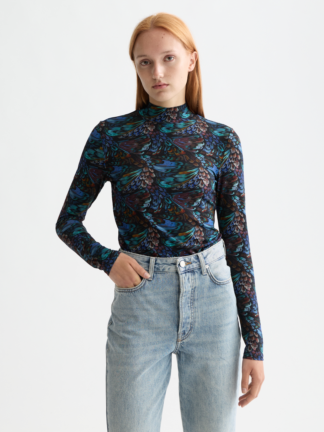 Printed mock neck long sleeve tee by Scotch & Soda featuring a stylish design and comfortable fit.
