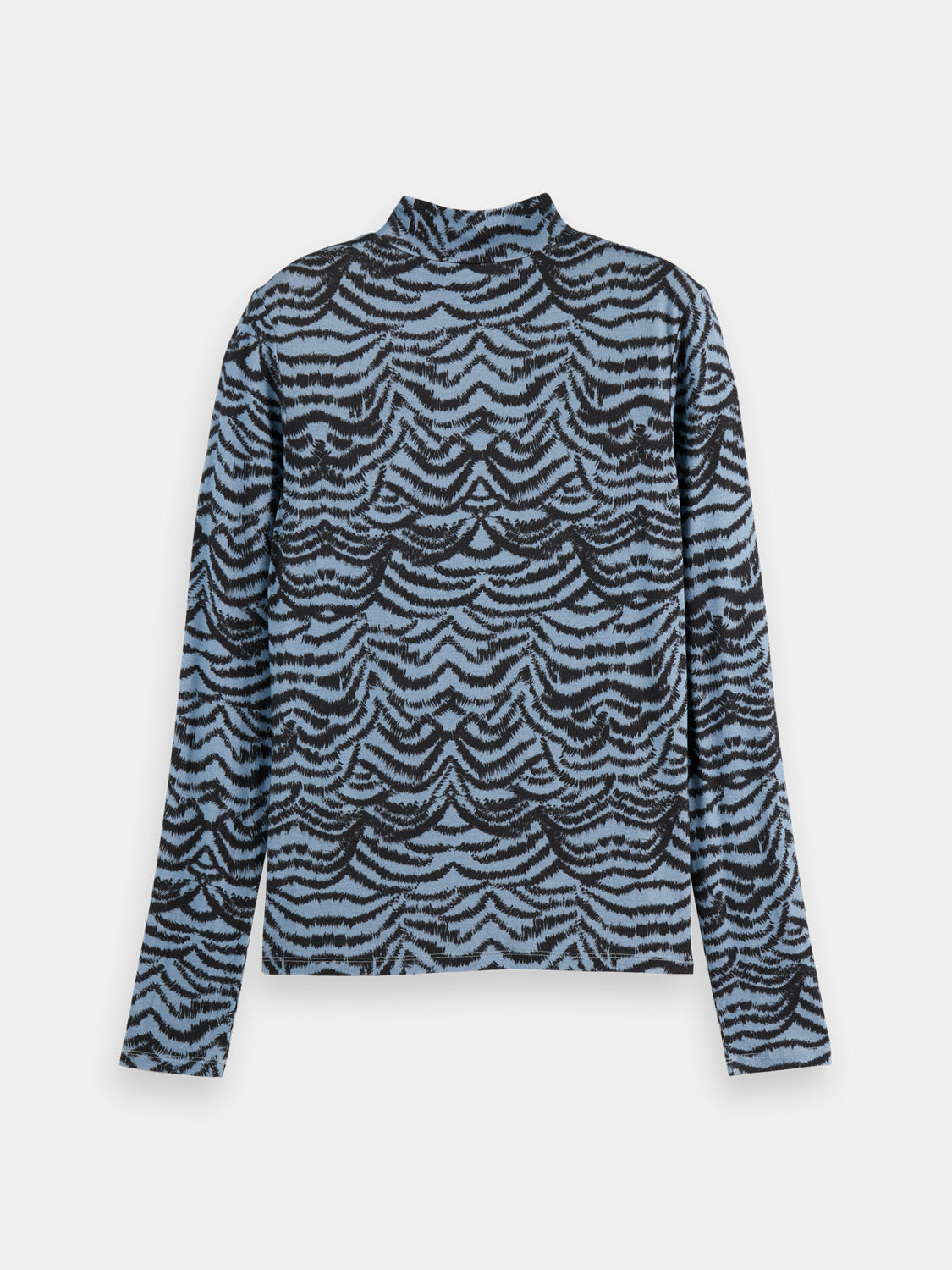 Black printed mock neck long sleeve tee from Scotch & Soda, featuring a fitted design and graphic details.