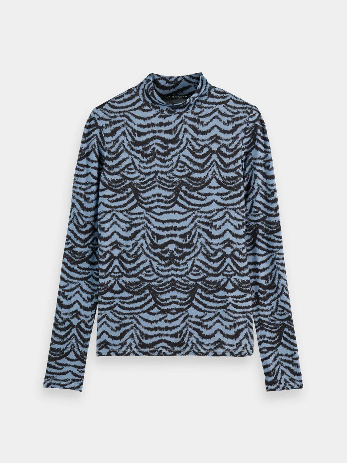 Long sleeve printed mock neck tee by Scotch & Soda featuring a stylish design and fitted silhouette, perfect for casual wear.