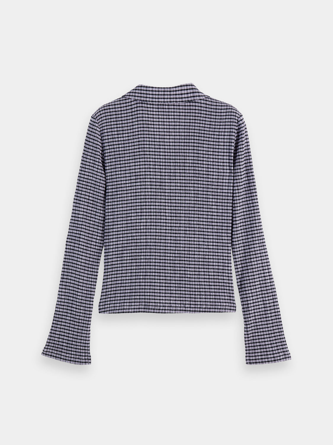 Long sleeve gingham button-up top from Scotch & Soda, featuring classic pattern and tailored fit, shown on a model.