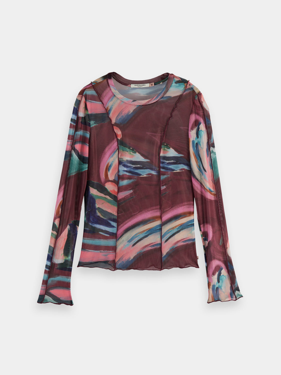 Scotch & Soda mesh long-sleeved T-shirt featuring breathable fabric and a fitted design, shown in a close-up front view.