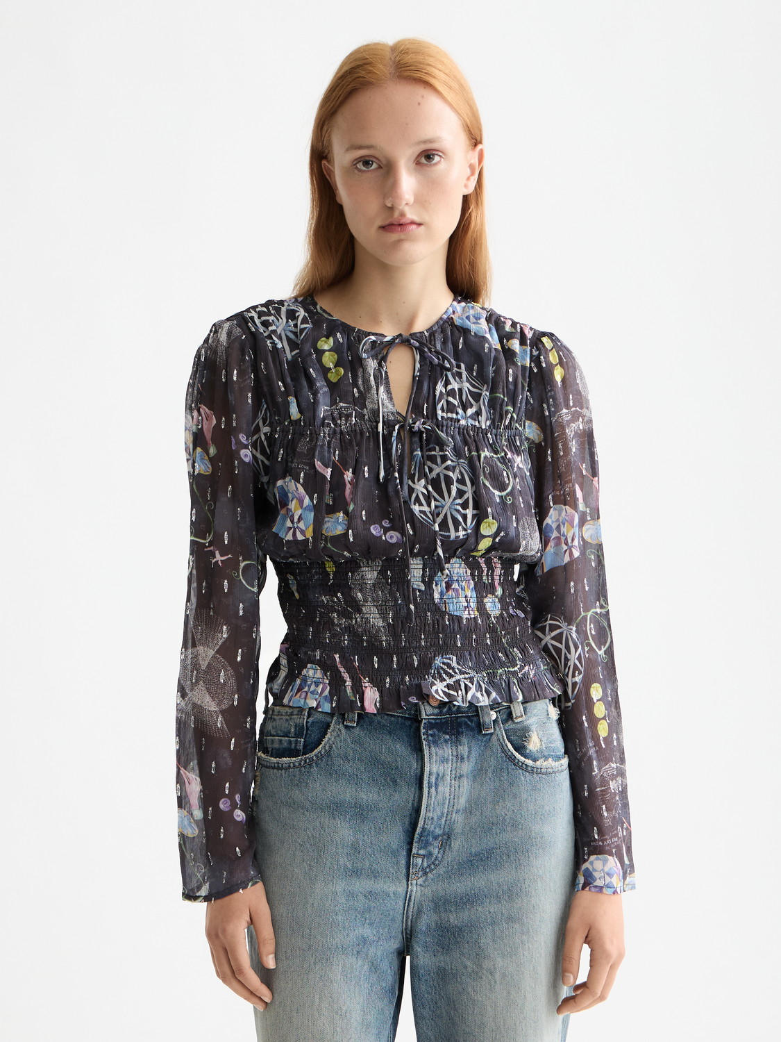 Woven smocked waist top by Scotch & Soda, featuring a relaxed fit and detailed stitching, shown on a model.