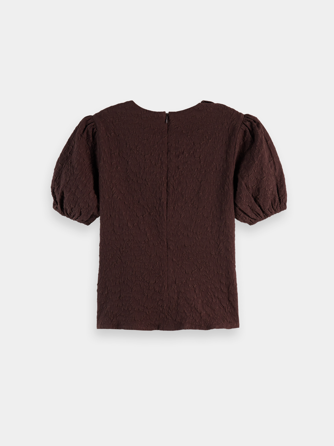 Black woven top with puff sleeves and textured fabric from SCOTCH & SODA, showcasing a stylish and trendy design.
