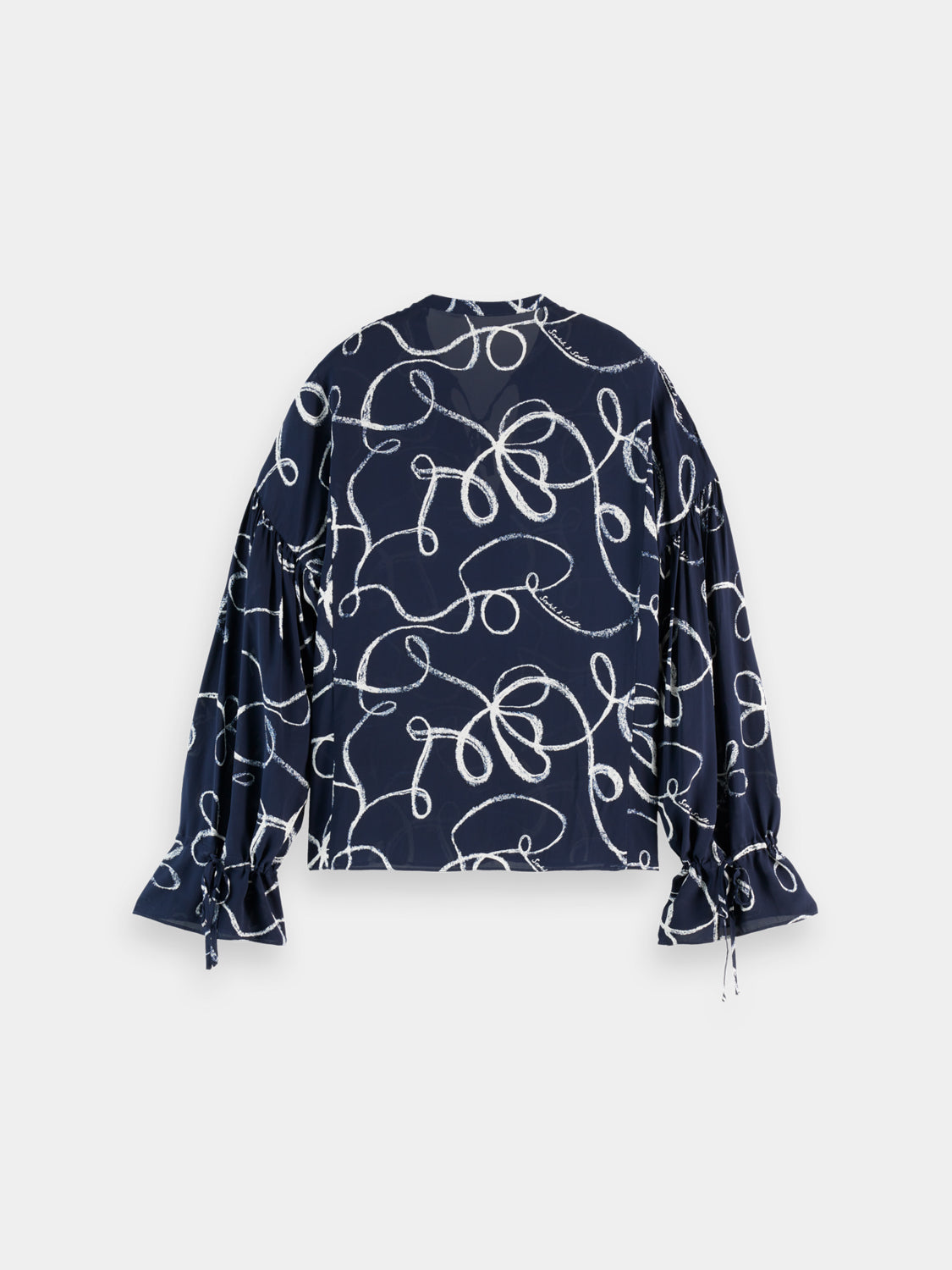 Black Scotch & Soda draw string woven blouse with relaxed fit and long sleeves, shown on a hanger.