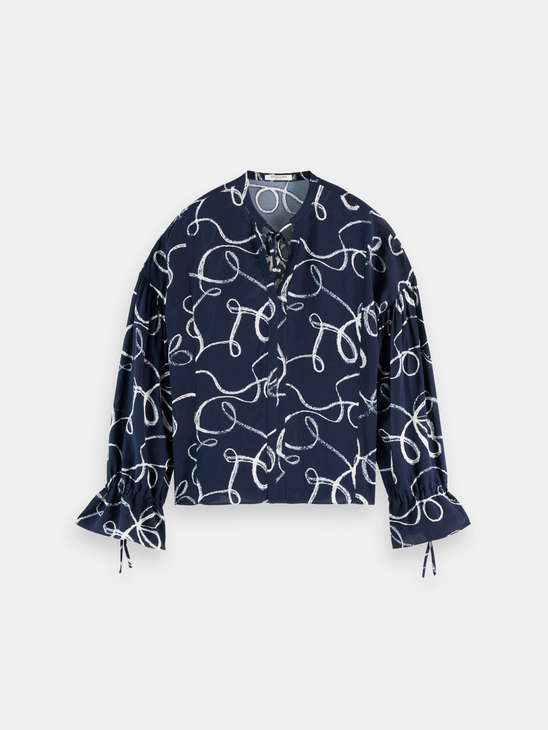 Scotch & Soda woven drawstring blouse with long sleeves and relaxed fit, featuring a stylish, casual design.