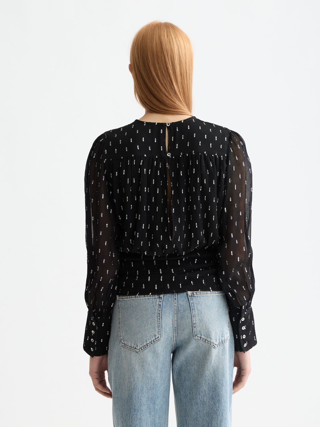 Woven SCOTCH & SODA Fil Coupe Top in a soft, textured fabric, shown from the back with a relaxed fit and subtle stitching details.